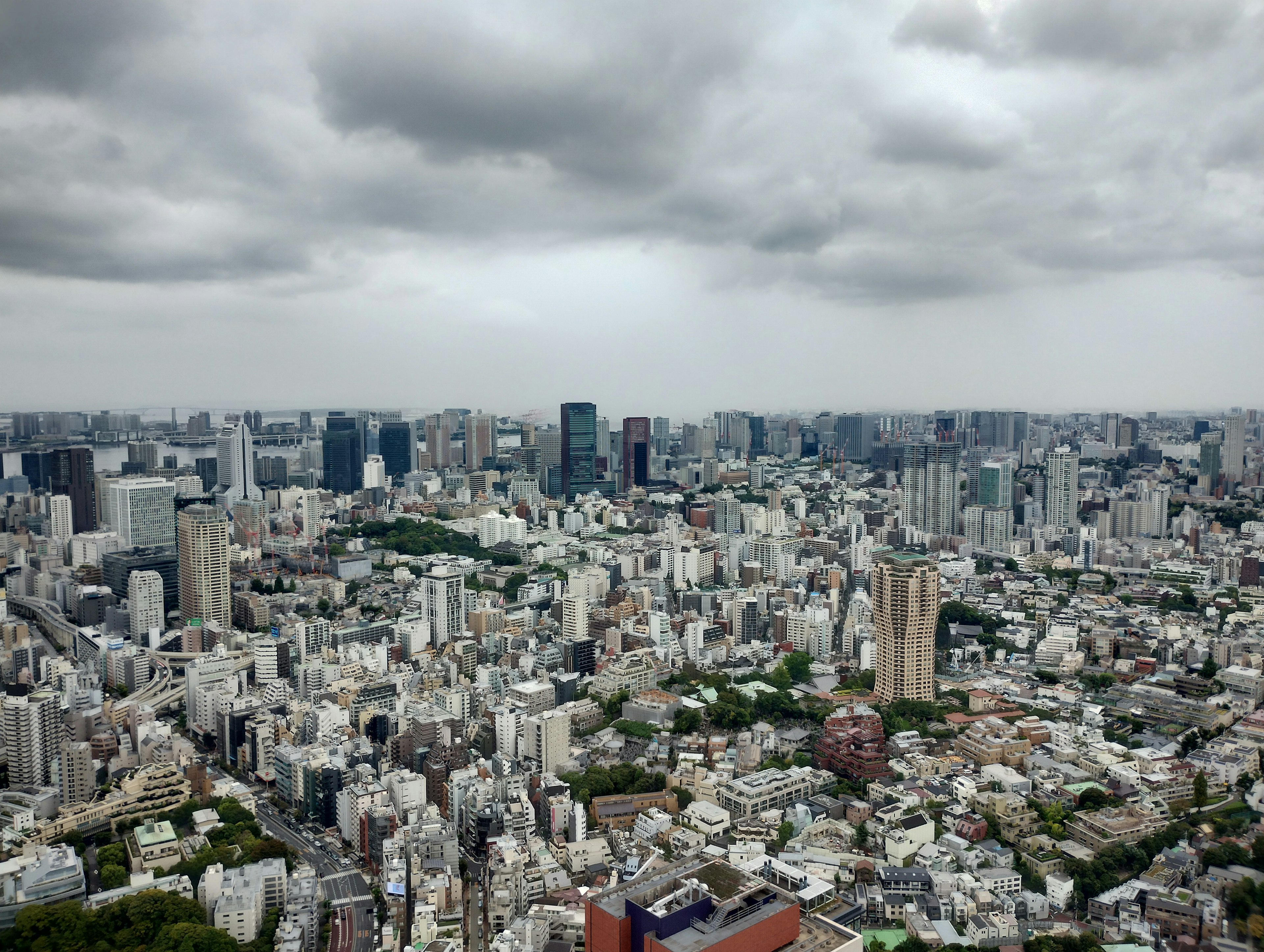 Aerial view of Tokyo showcasing skyscrapers and a cloudy sky