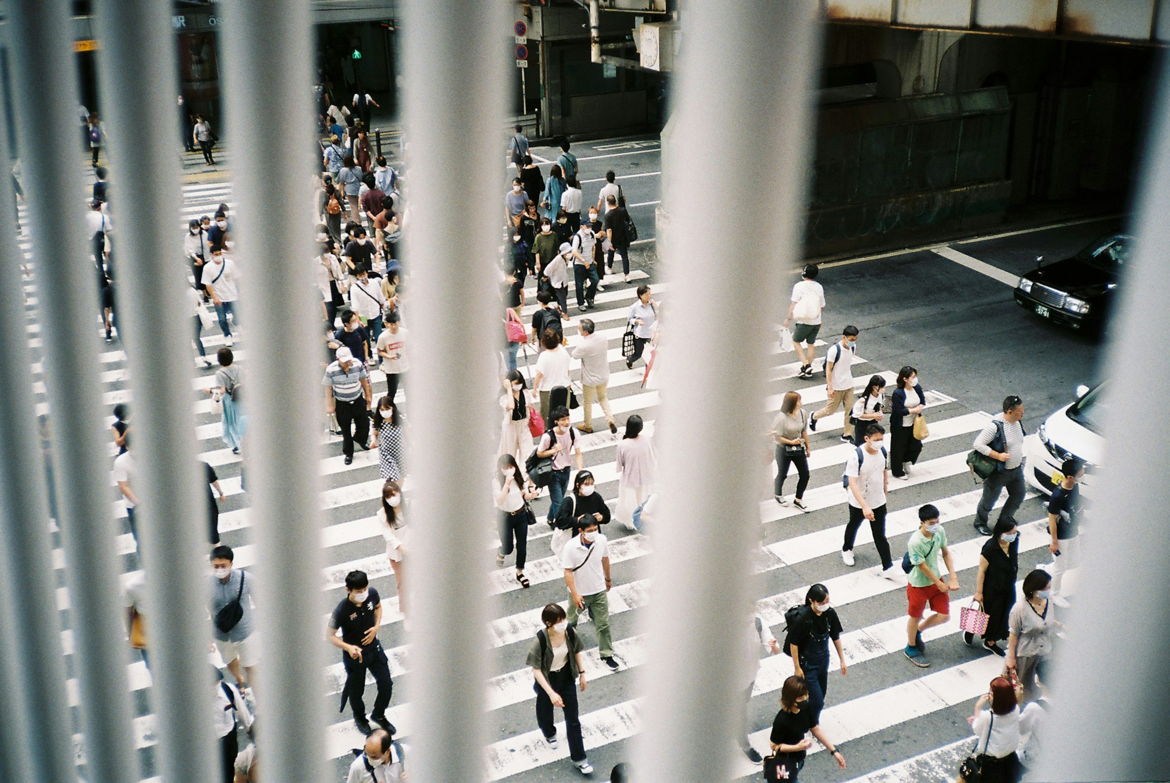 Imagen que captura personas cruzando un paso peatonal vistas a través de barreras blancas verticales