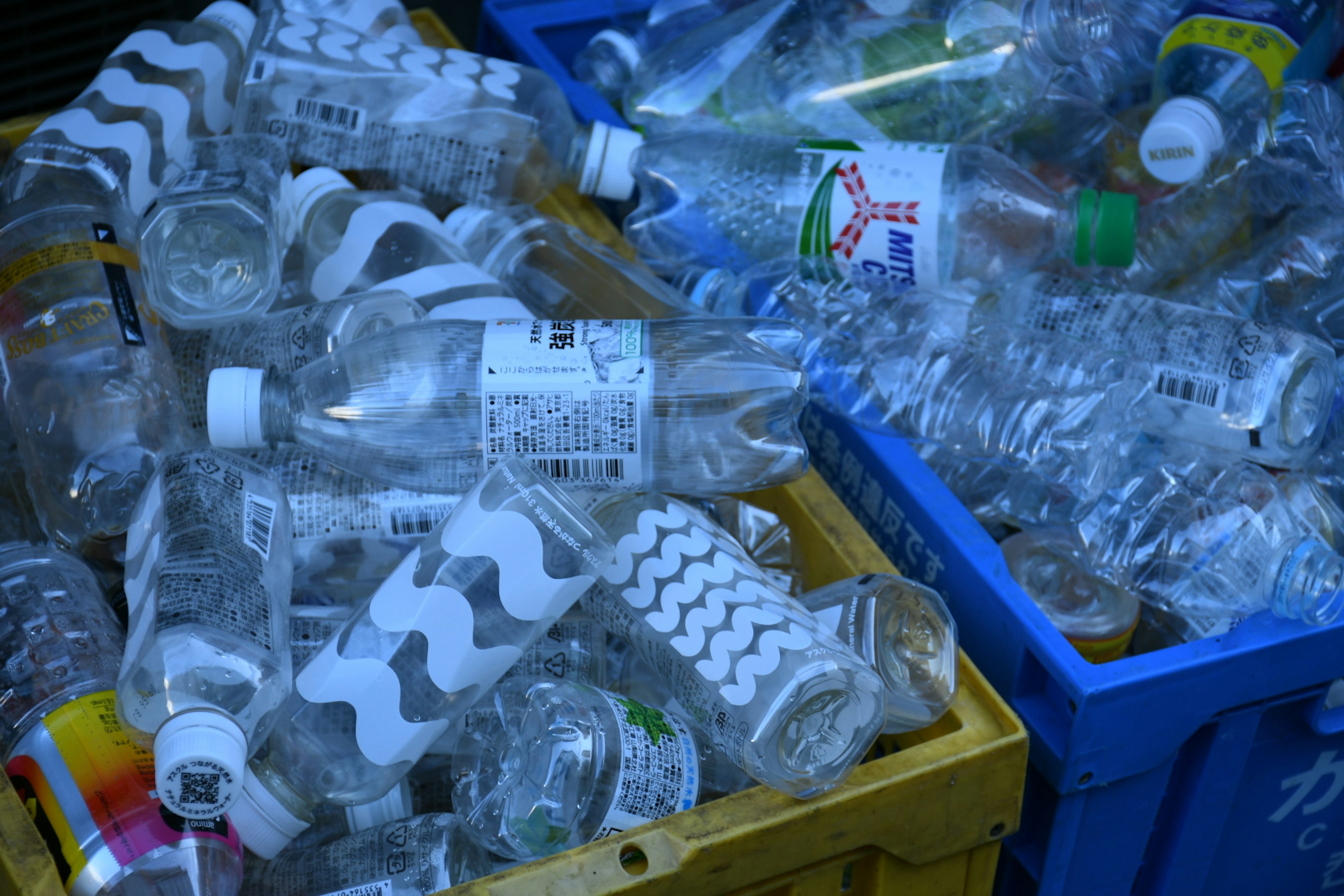 Recycelbare leere Plastikflaschen in blauen und gelben Behältern