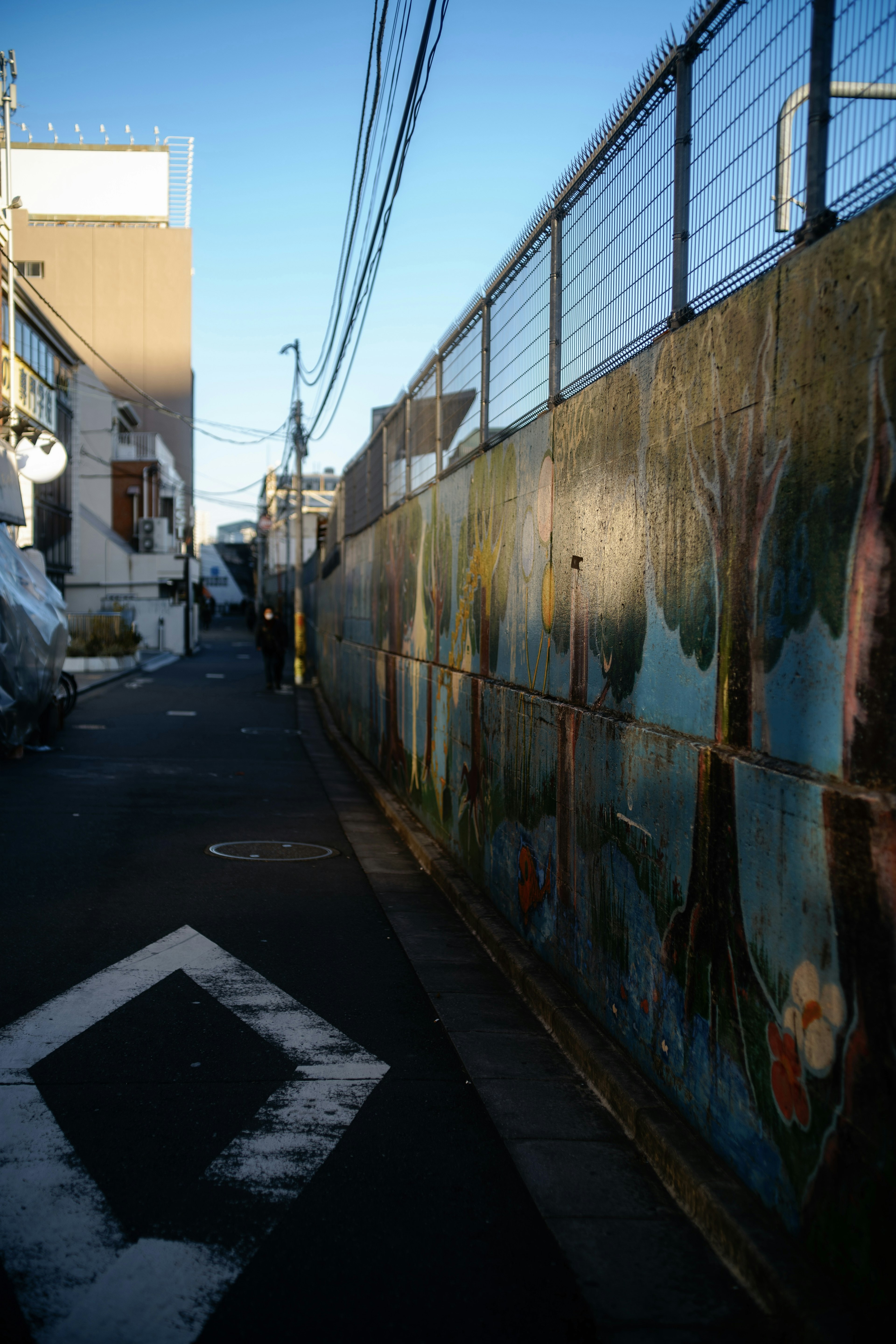 狭い路地に沿った壁に描かれたカラフルな壁画と青空