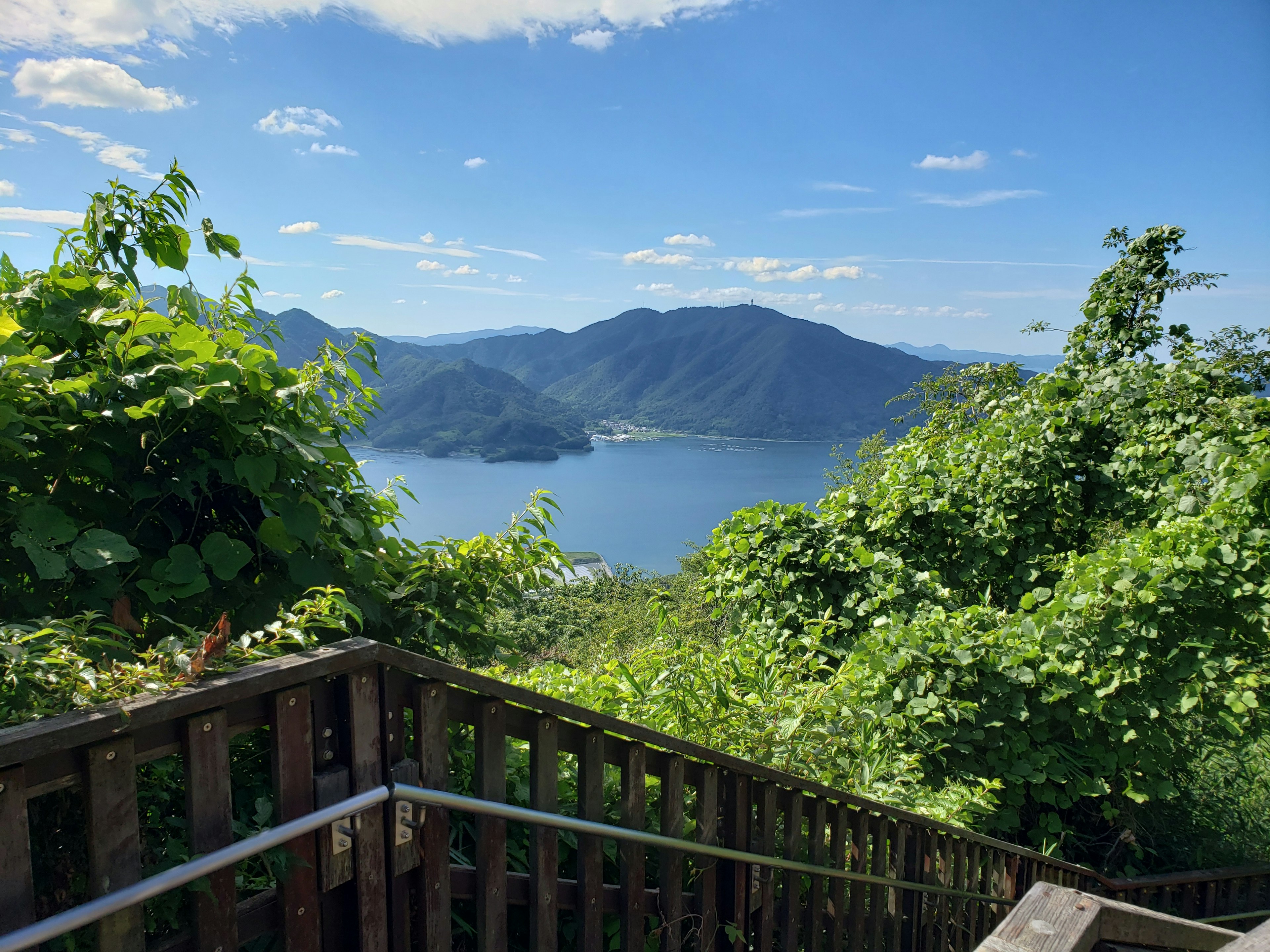 Stairs leading down to a scenic view of a lake surrounded by mountains and greenery