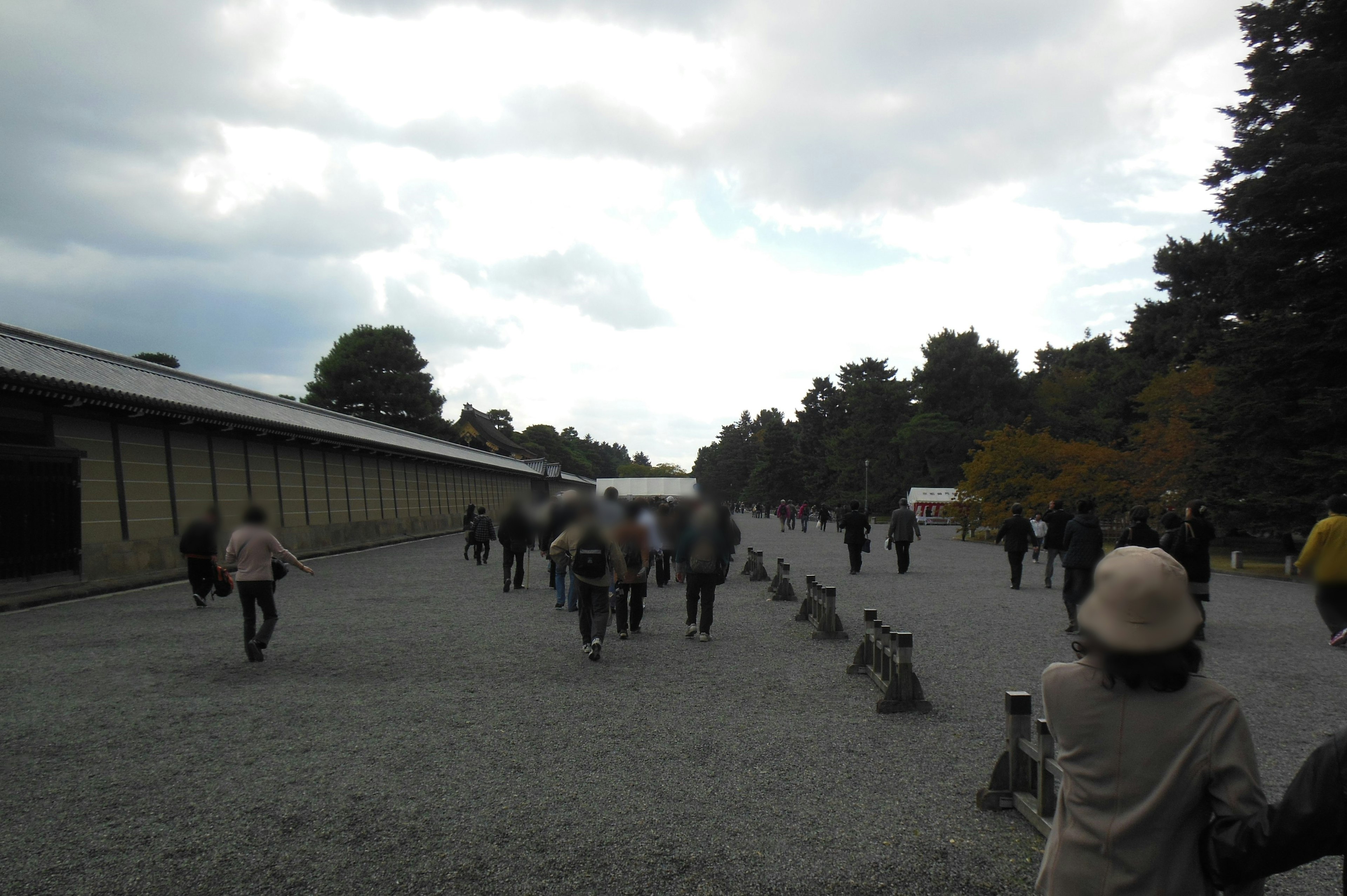 A wide gravel path with people walking and a cloudy sky