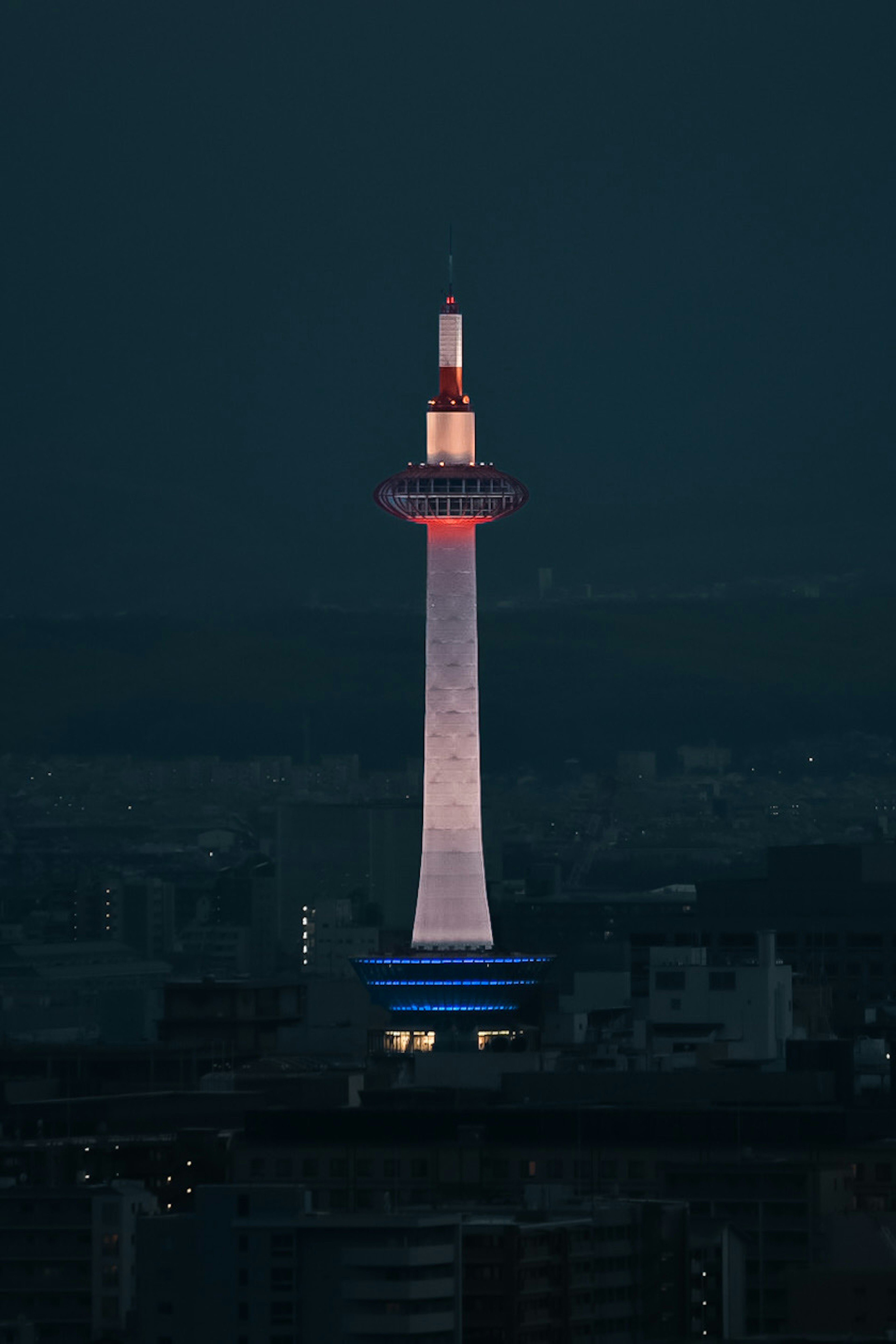 야경에 조명이 비친 교토 타워