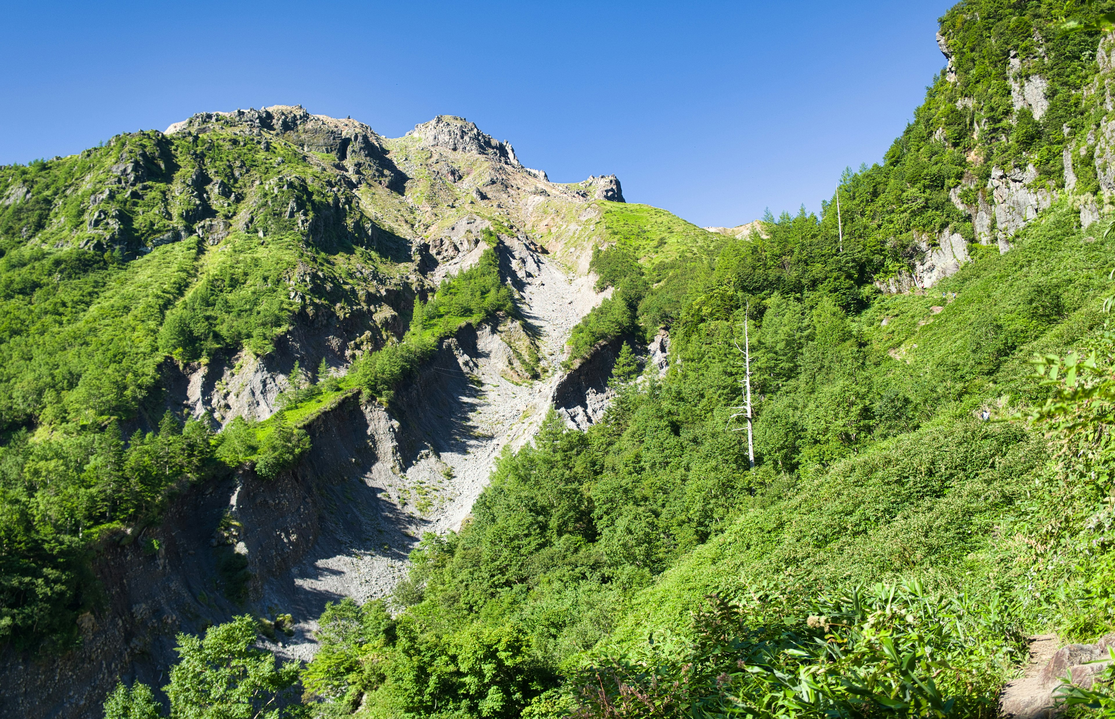 Paisaje montañoso verde bajo un cielo azul claro con rocas expuestas