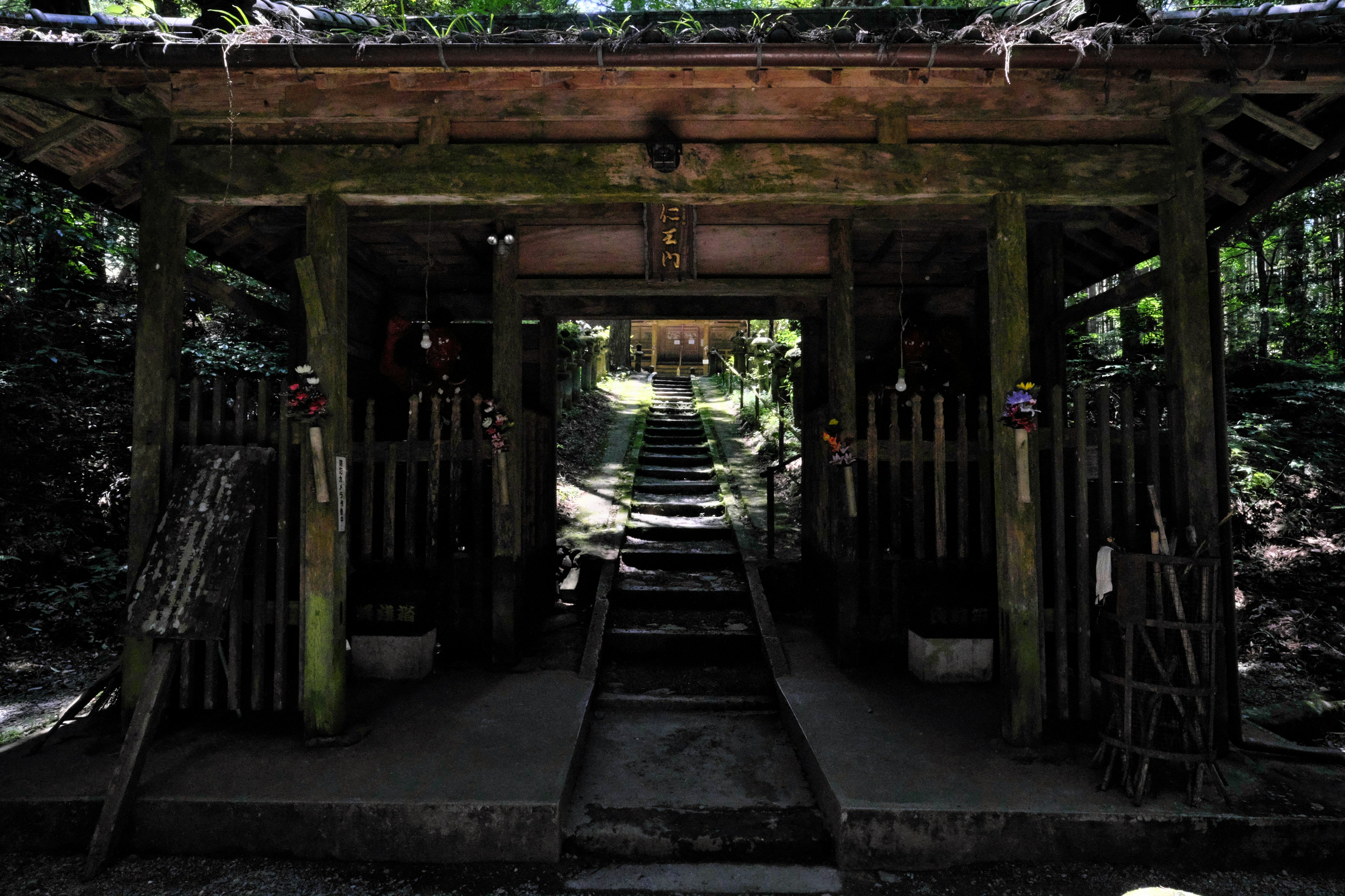 Entrée d'un ancien sanctuaire dans la forêt avec des marches en pierre et des piliers en bois