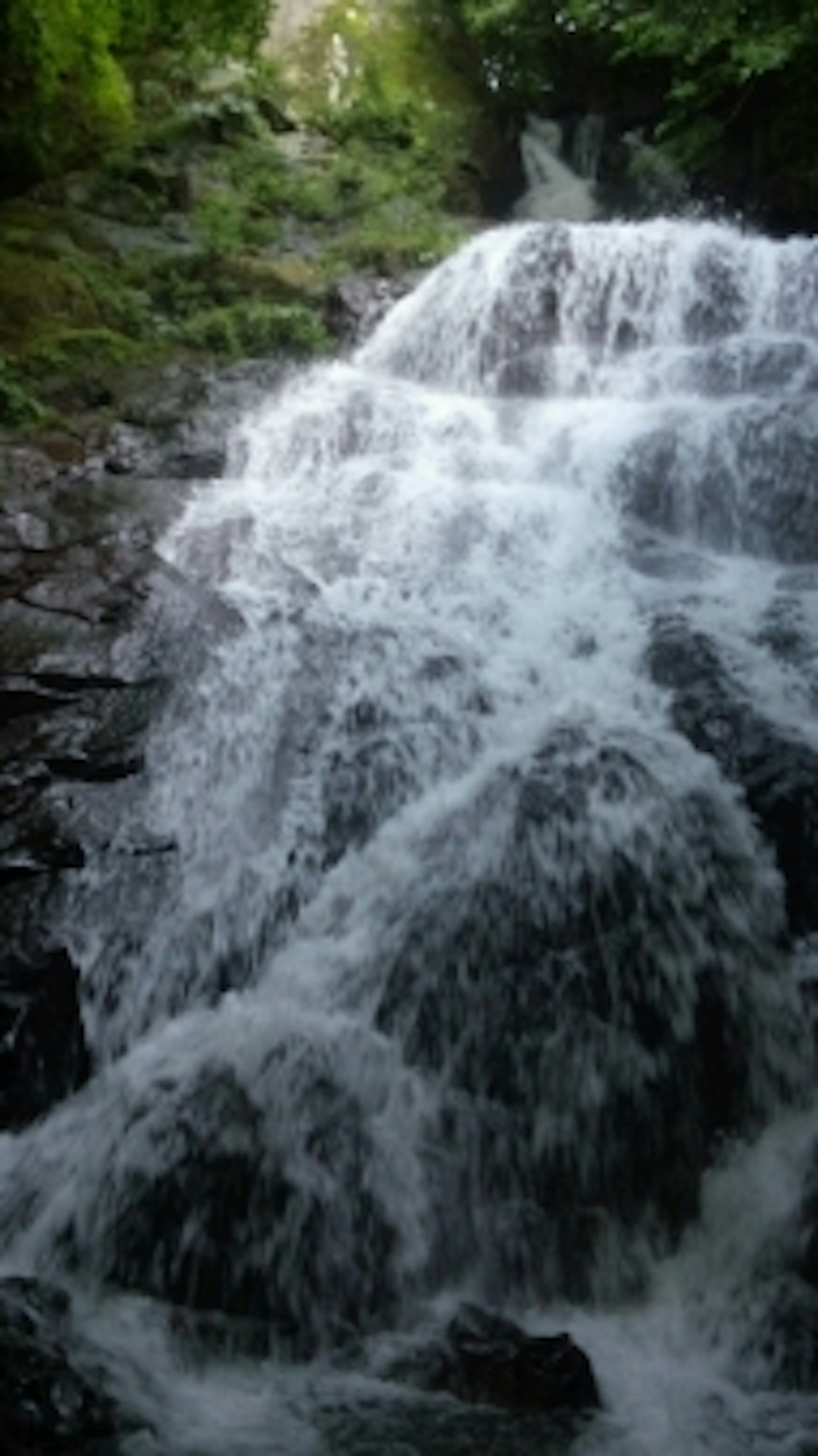 Vista bellissima di una cascata che scorre su rocce