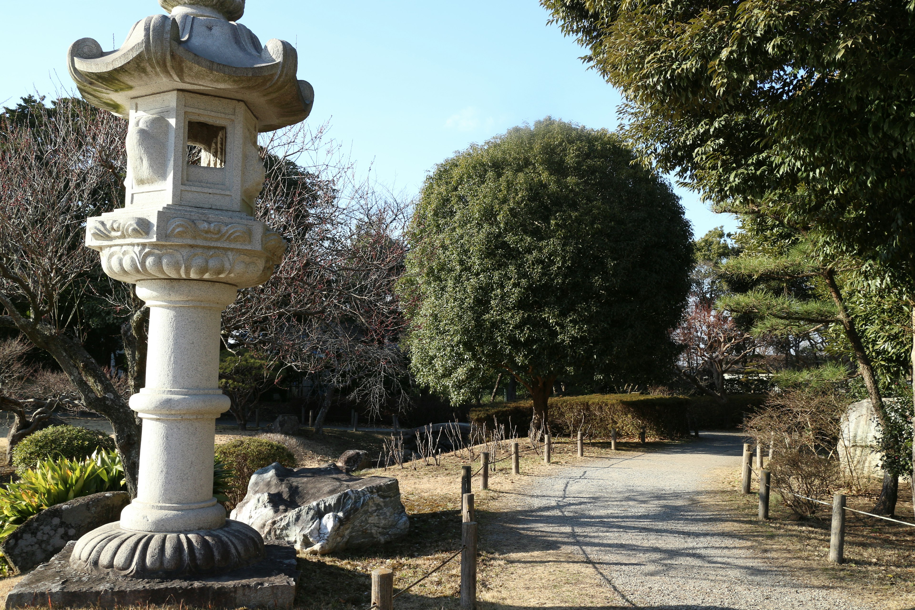 Scenic view of a stone lantern and pathway in a garden