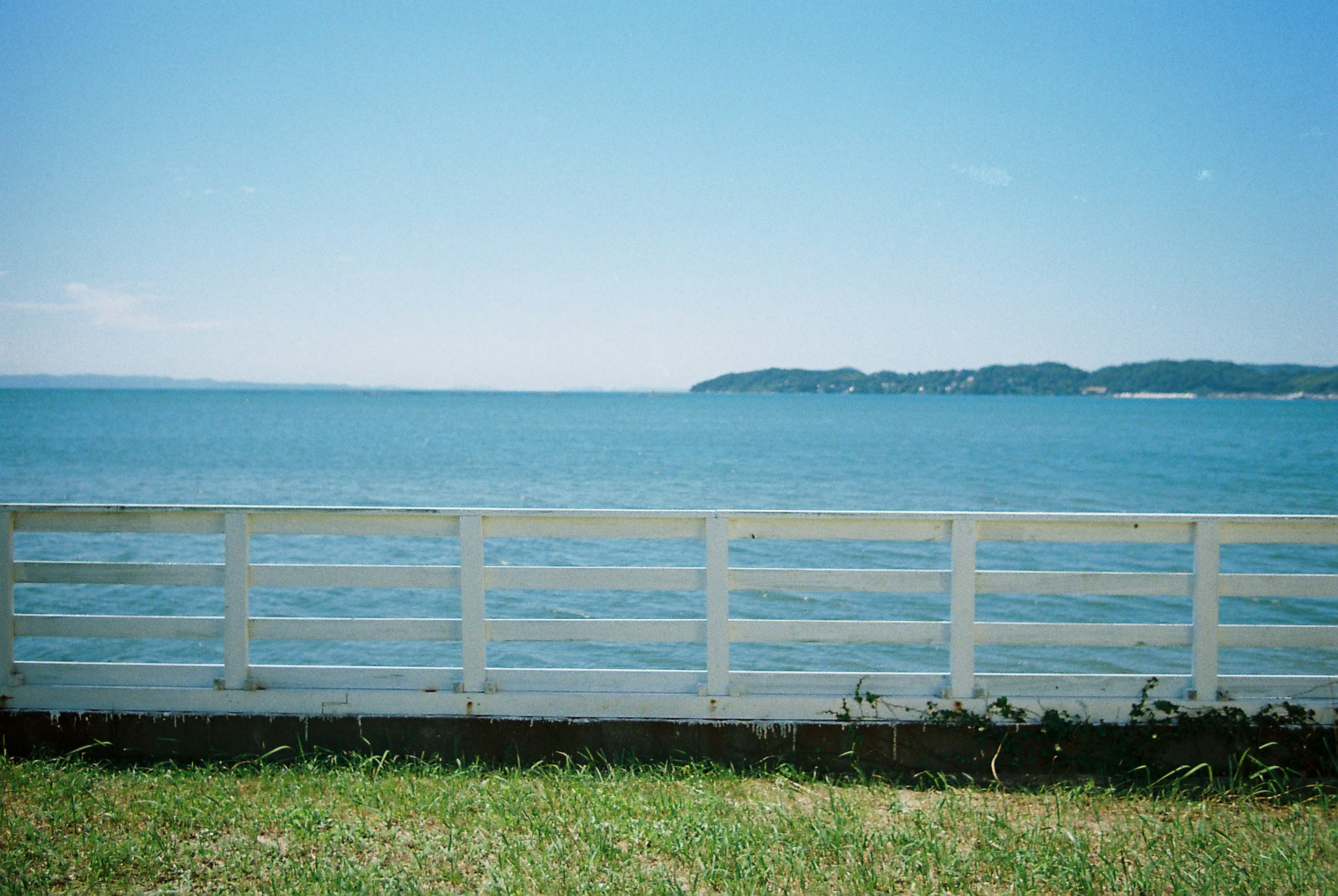 青い海と白いフェンスがある風景