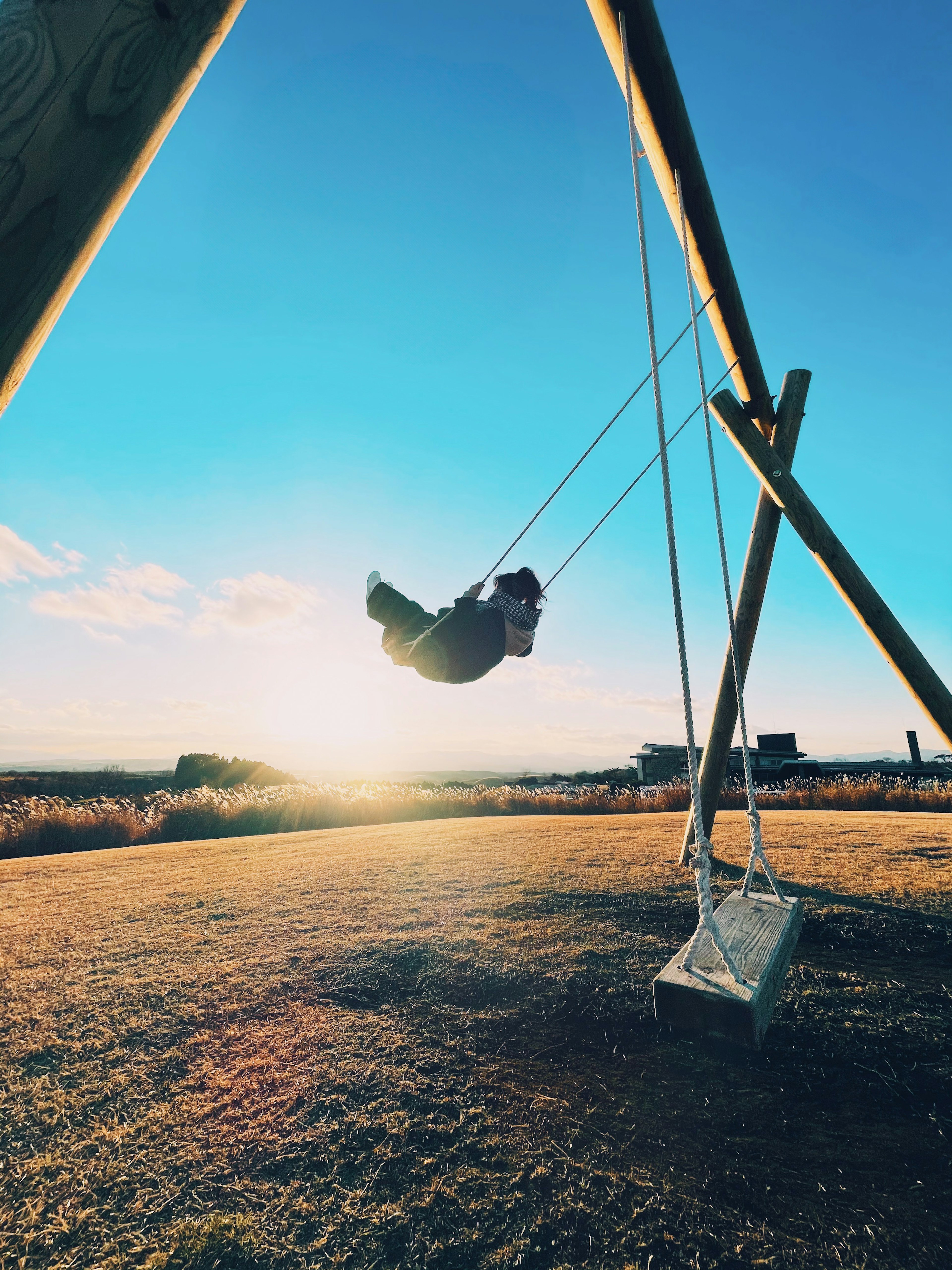 Silhouette of a child swinging against the sunset