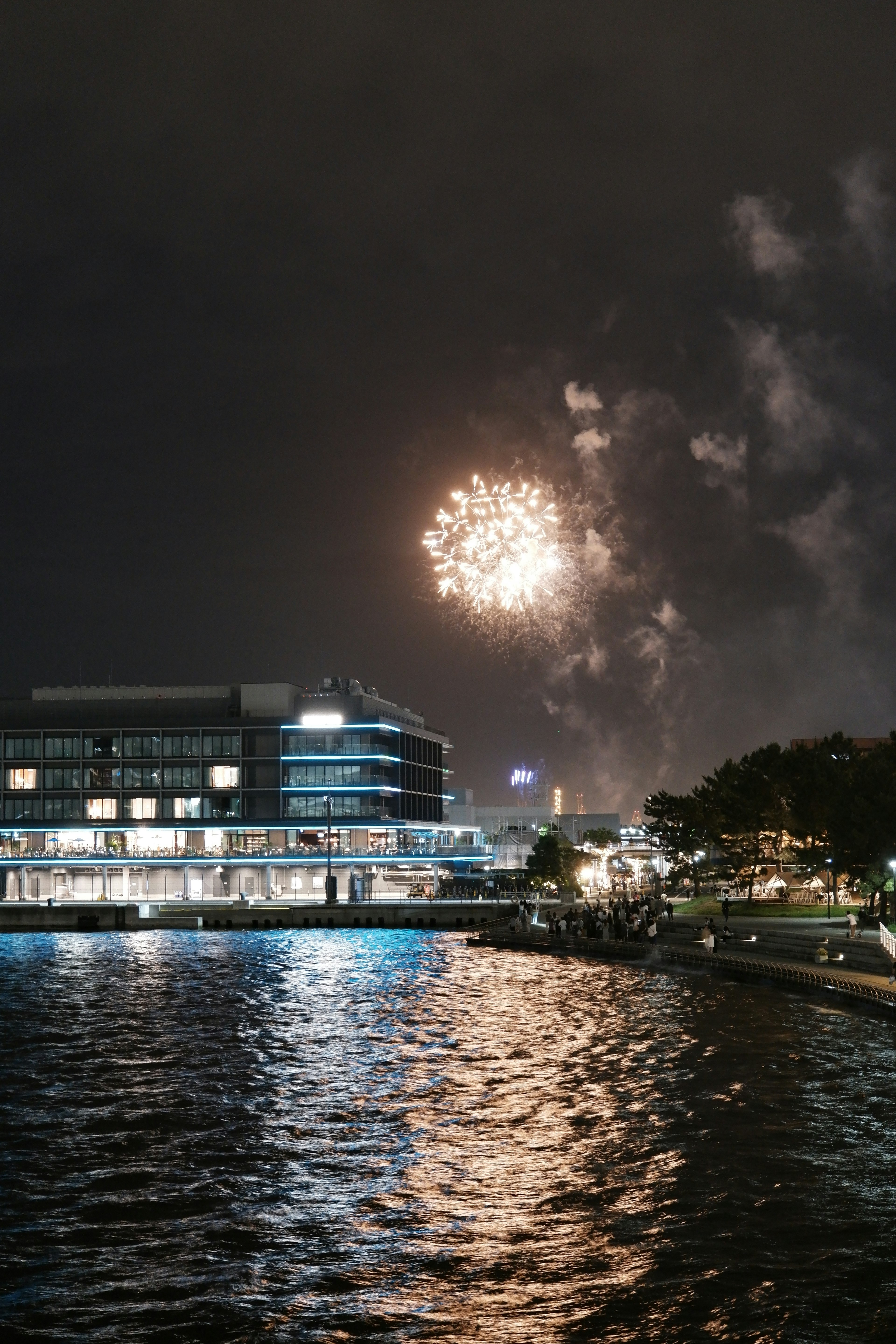 Eine schöne Szene mit Feuerwerk, das den Nachthimmel erhellt, mit Reflexionen im Wasser