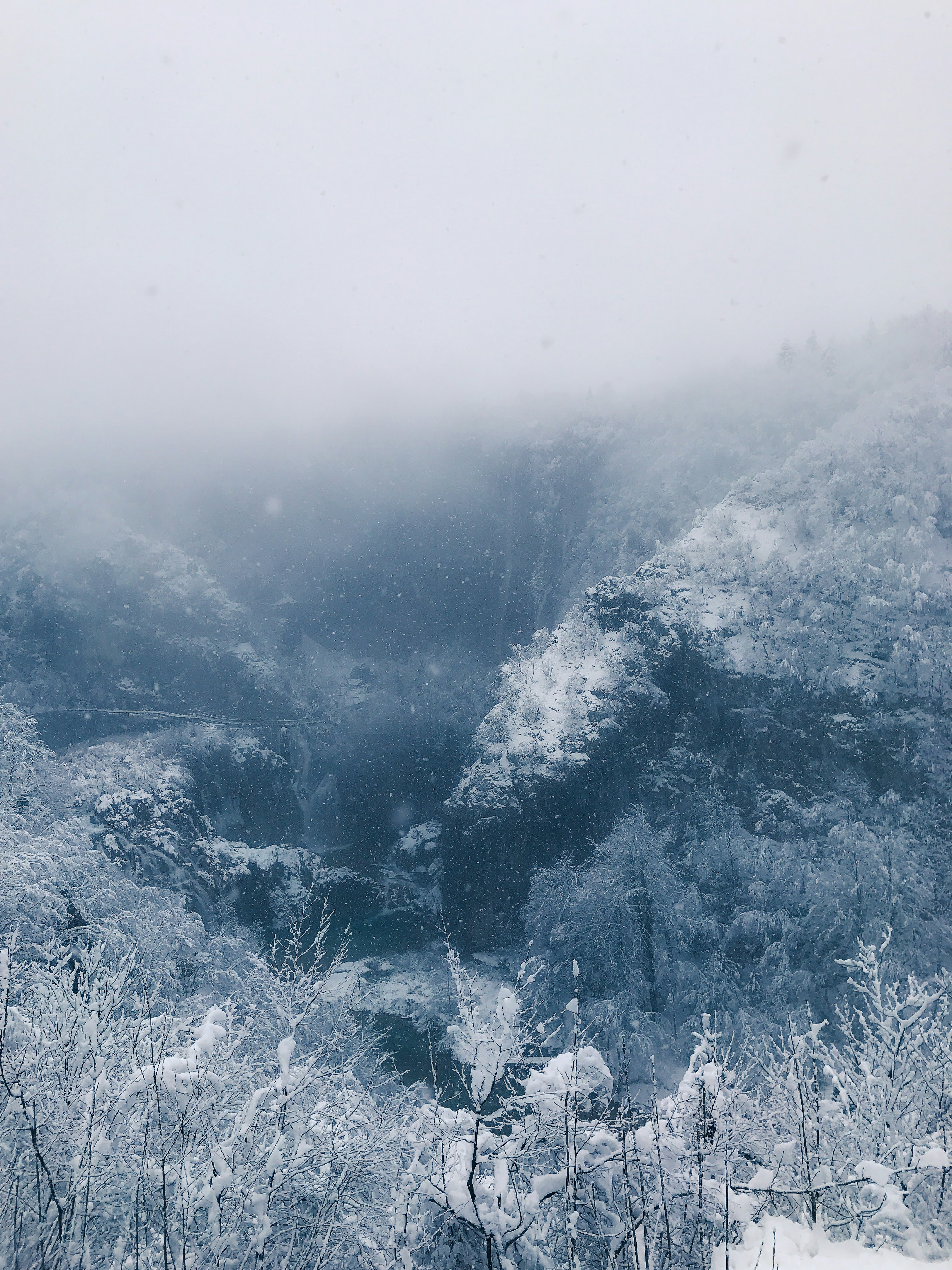 A snow-covered valley shrouded in fog