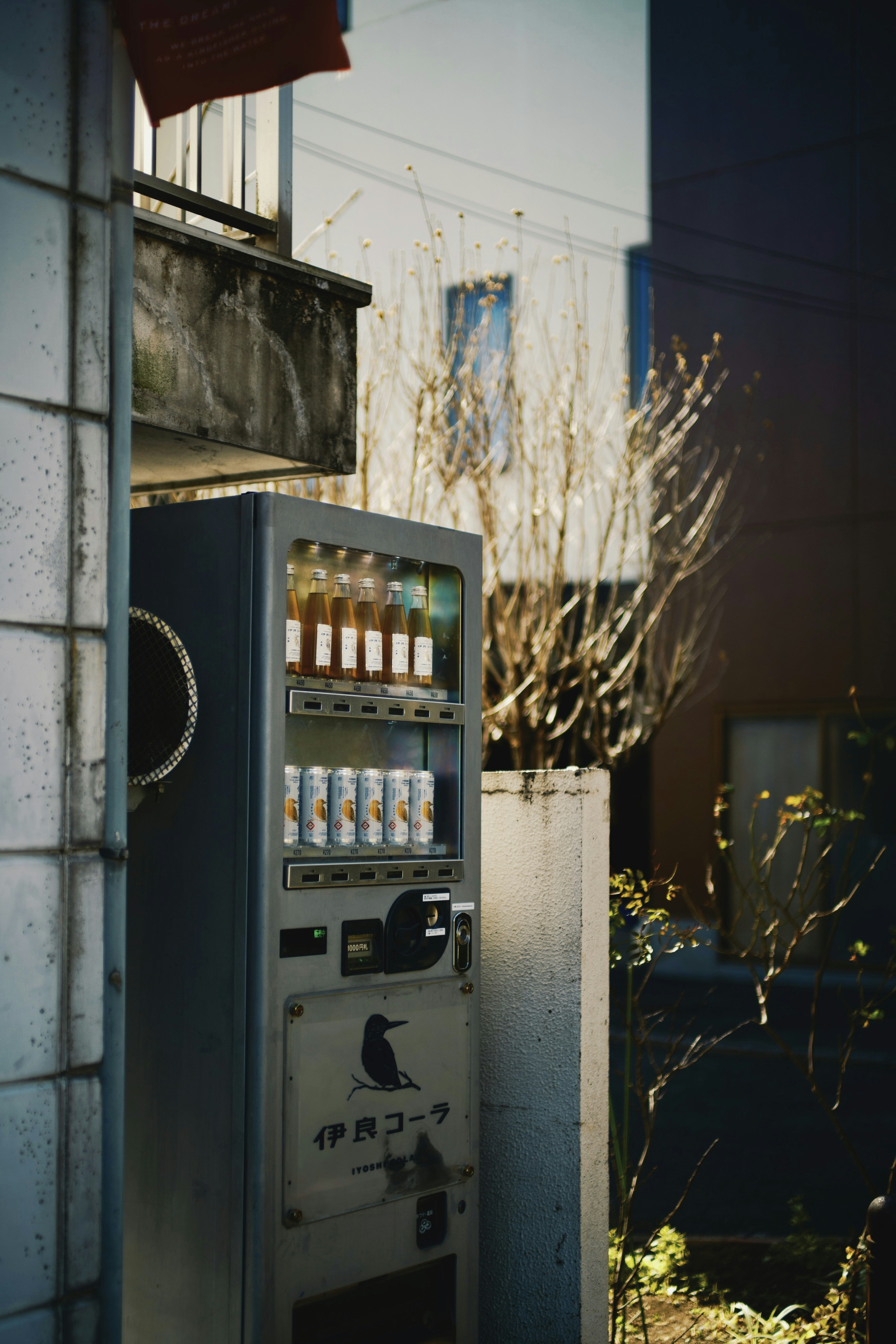 飲料自動販売機と周囲の建物が映った風景