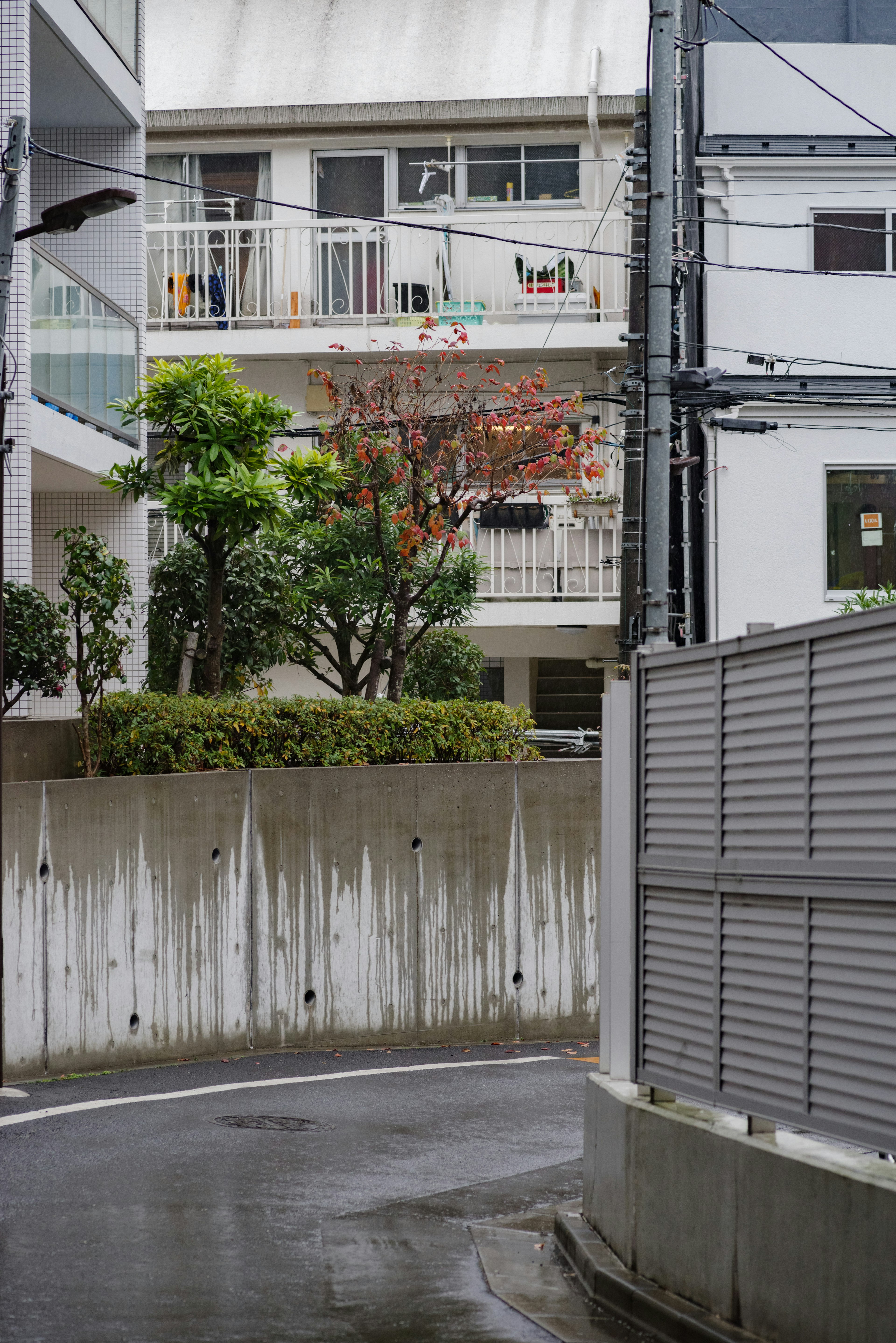 A narrow street view of a residential area featuring buildings with greenery and laundry visible