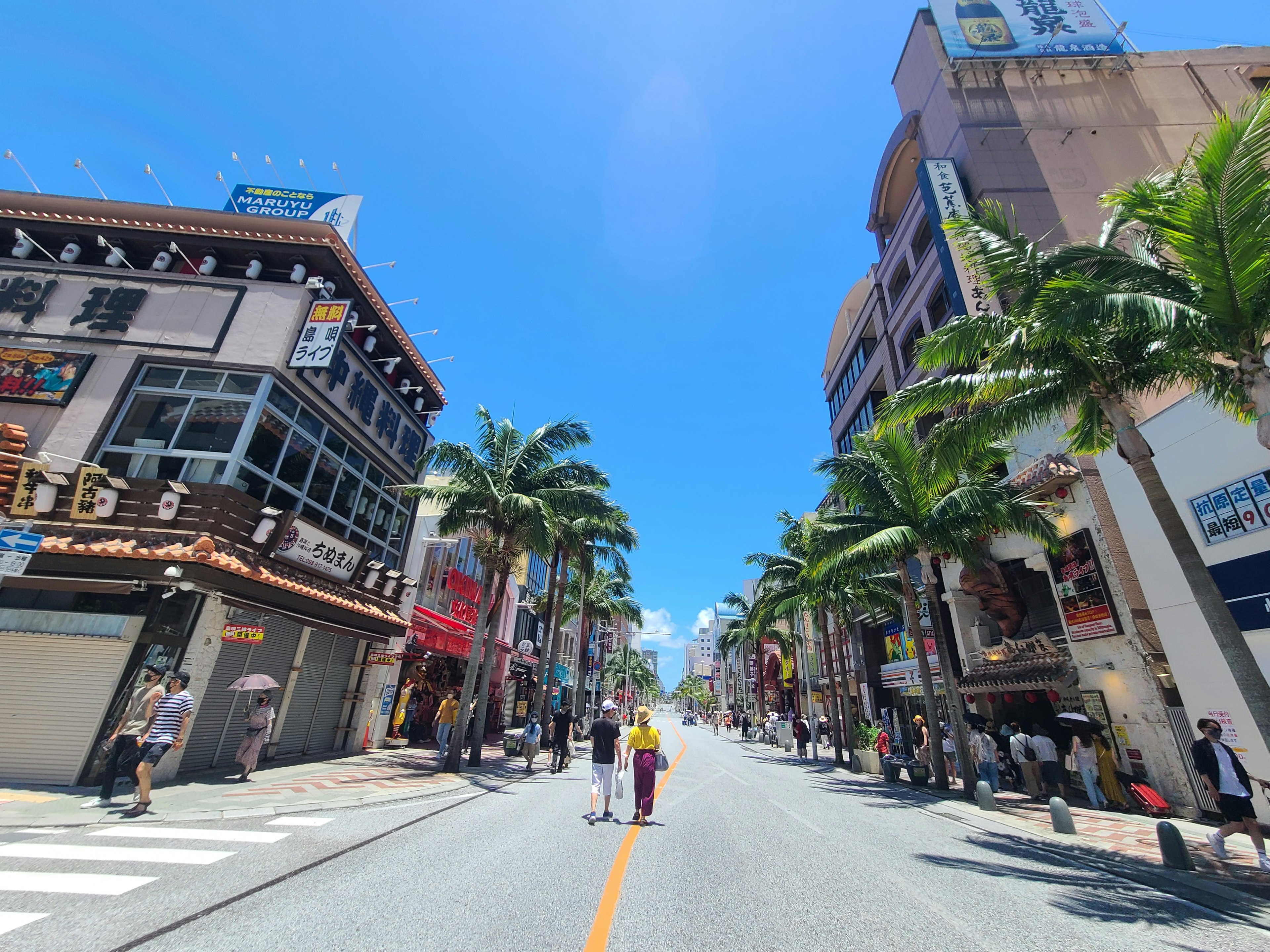 Calle flanqueada por palmeras y edificios comerciales bajo un cielo azul