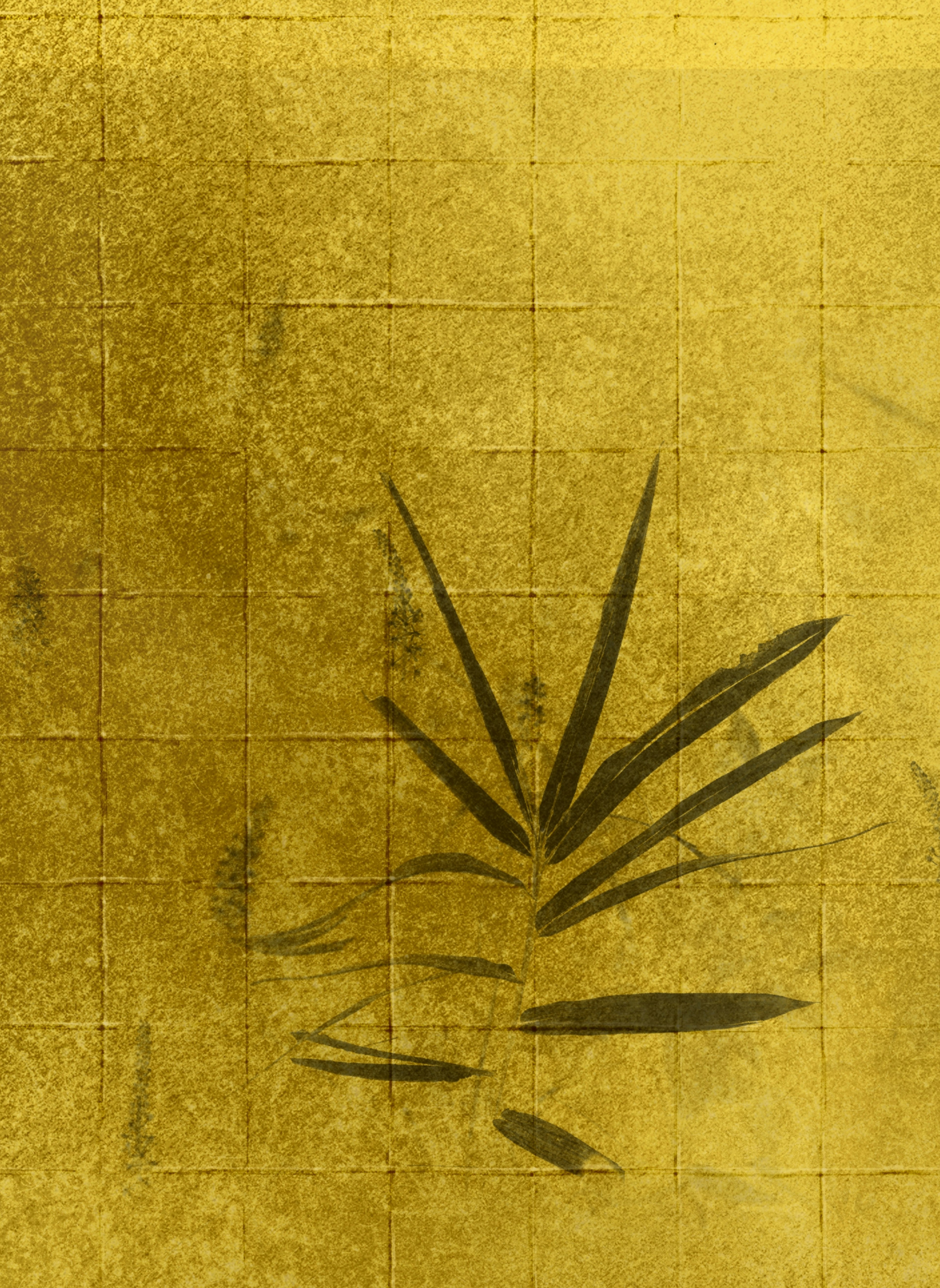 Art piece featuring bamboo leaves painted in ink on a yellow background