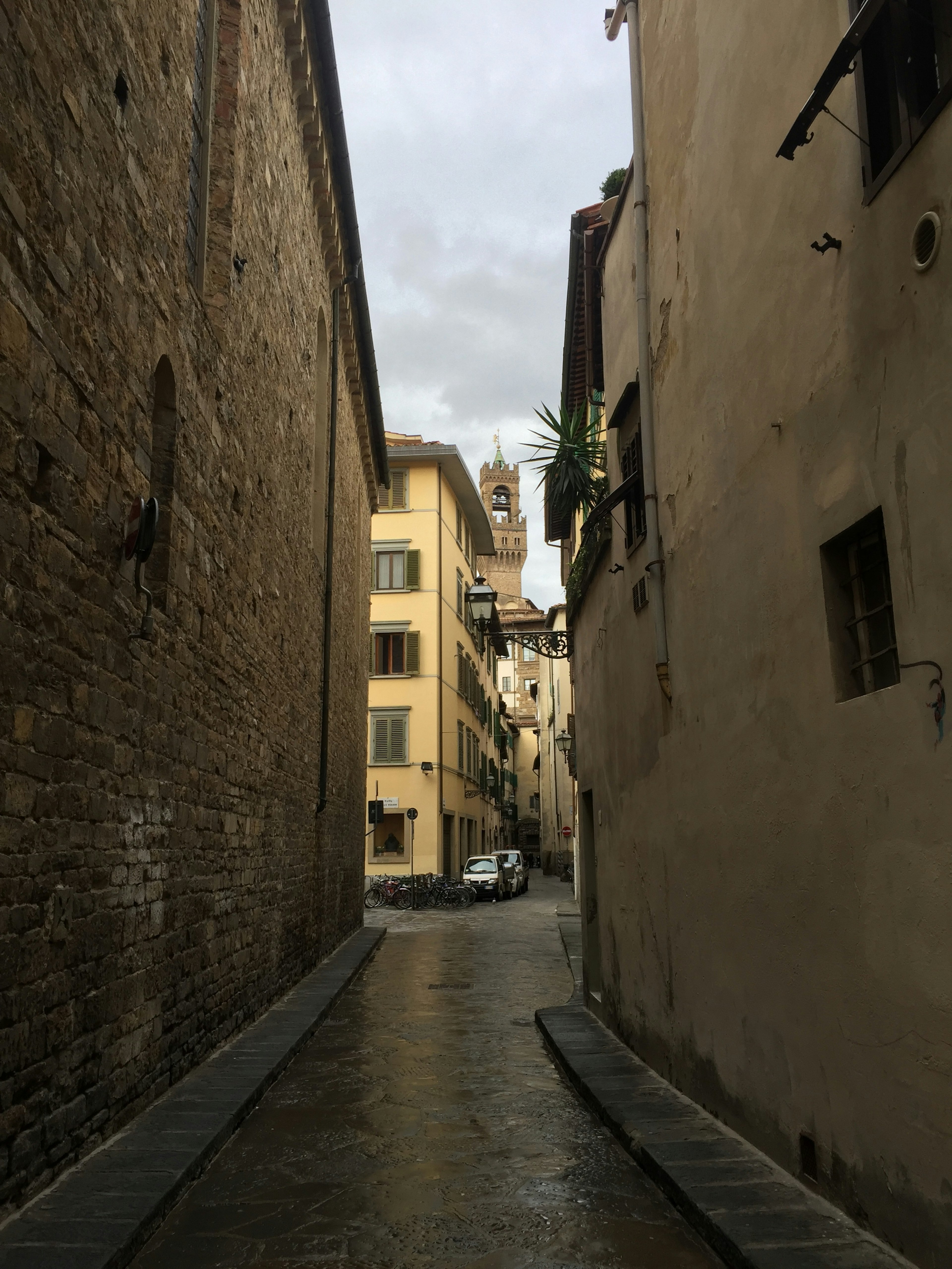 Strada stretta a Firenze con ciottoli bagnati e edifici storici