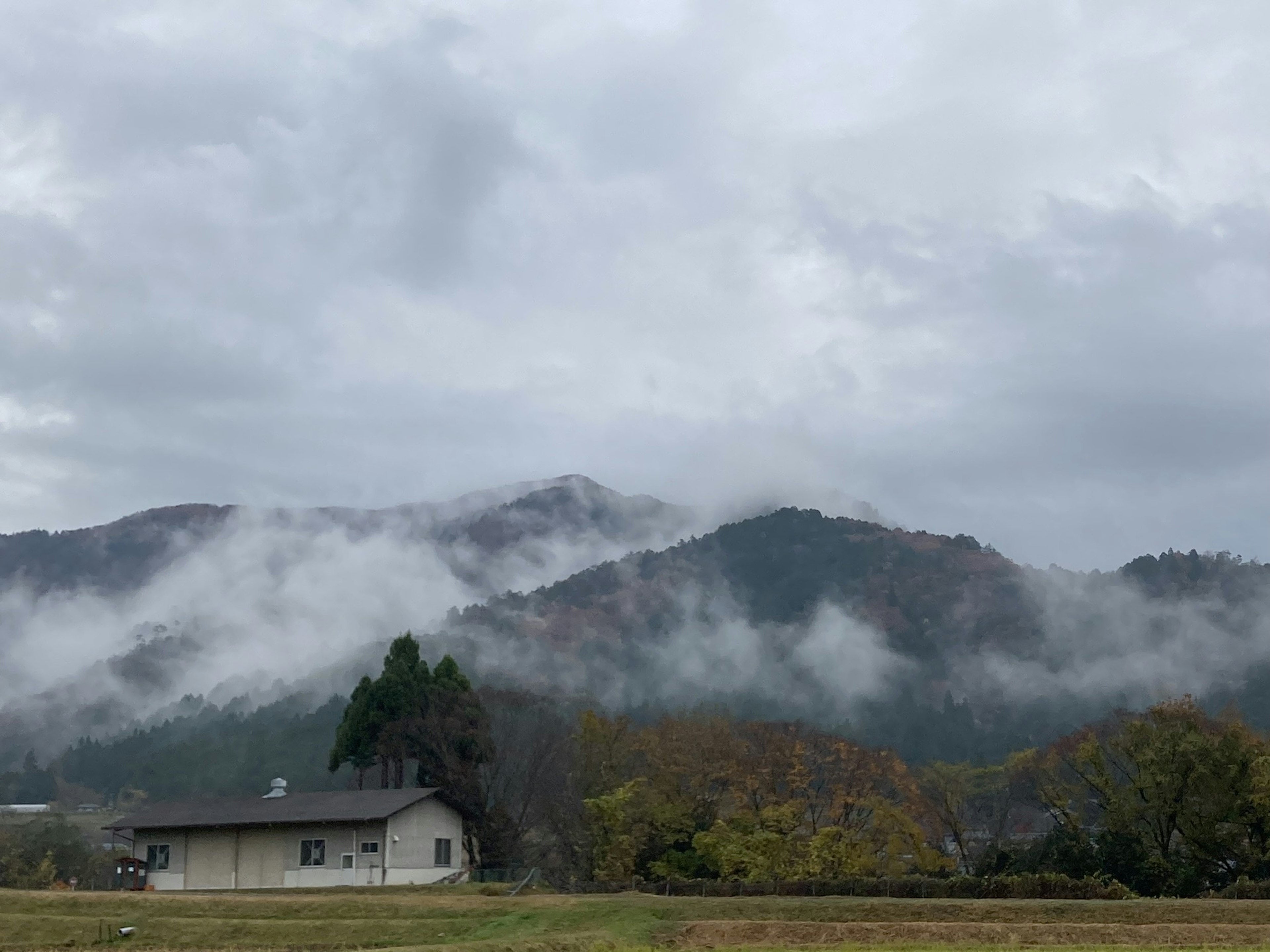 雾气缭绕的山脉与前景中的宁静房屋