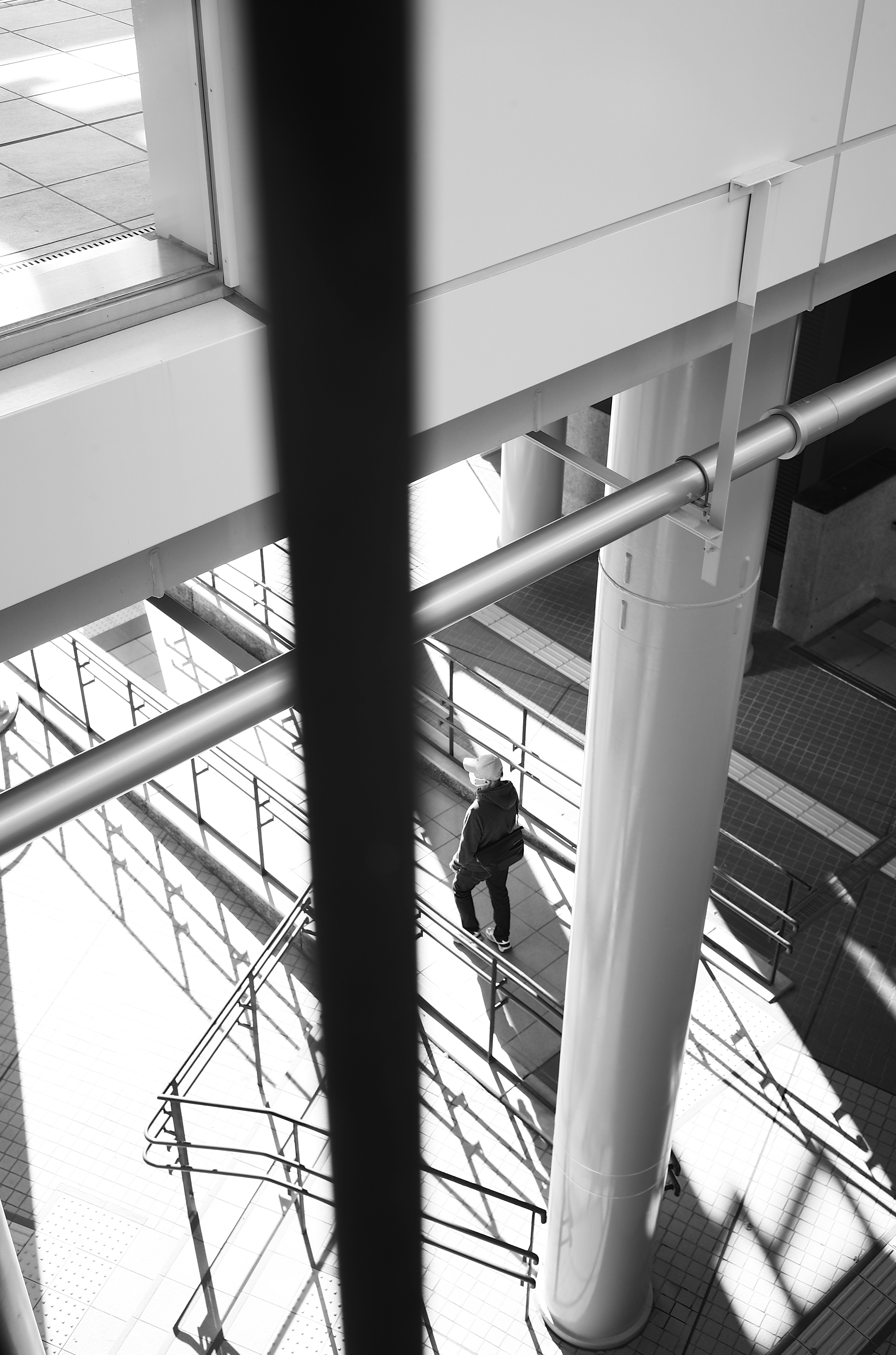 Personne marchant sur des escaliers avec des ombres et des colonnes dans un bâtiment en noir et blanc