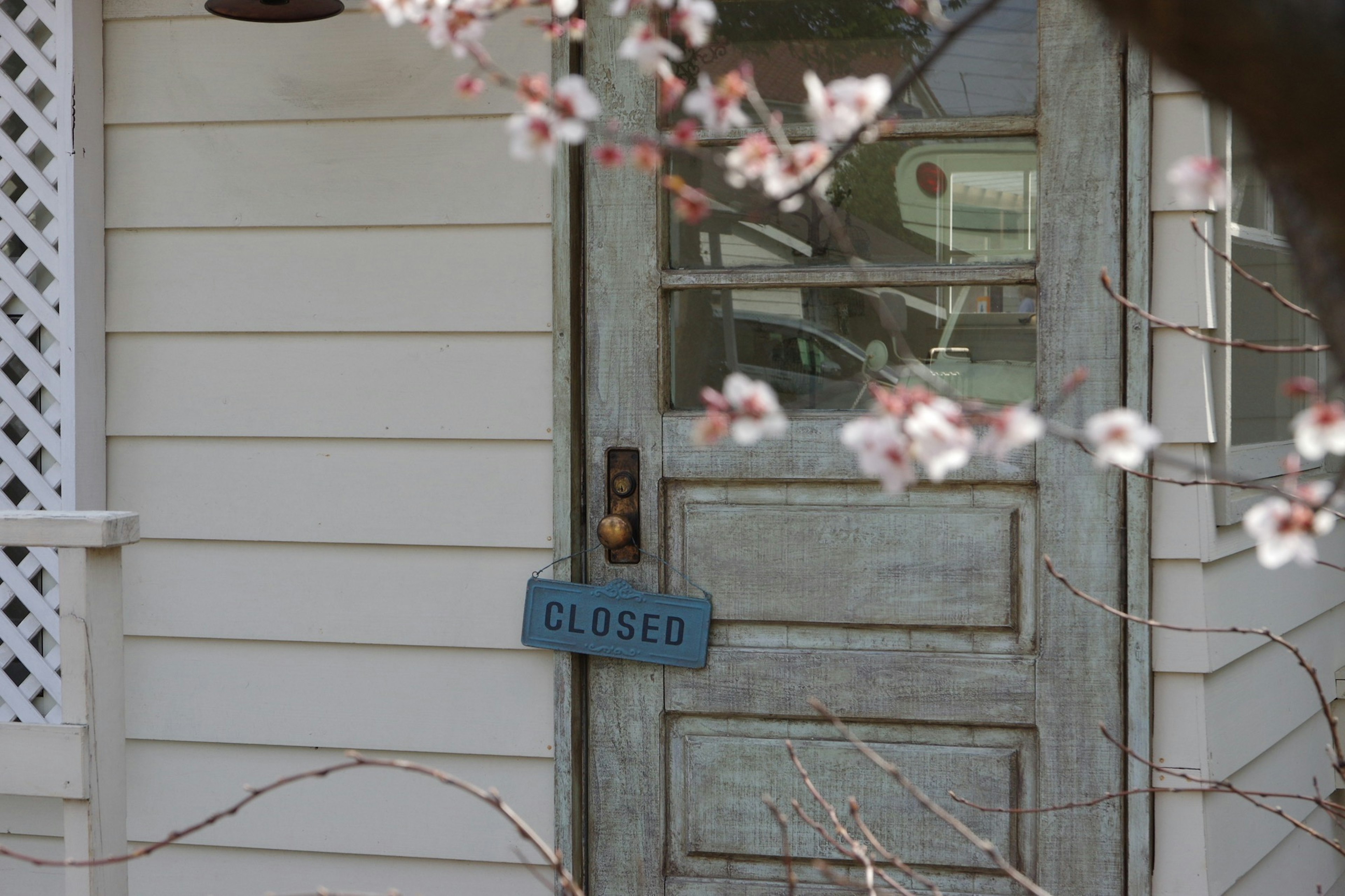 Holztür mit einem blauen 'CLOSED'-Schild und blühenden Ästen in der Nähe