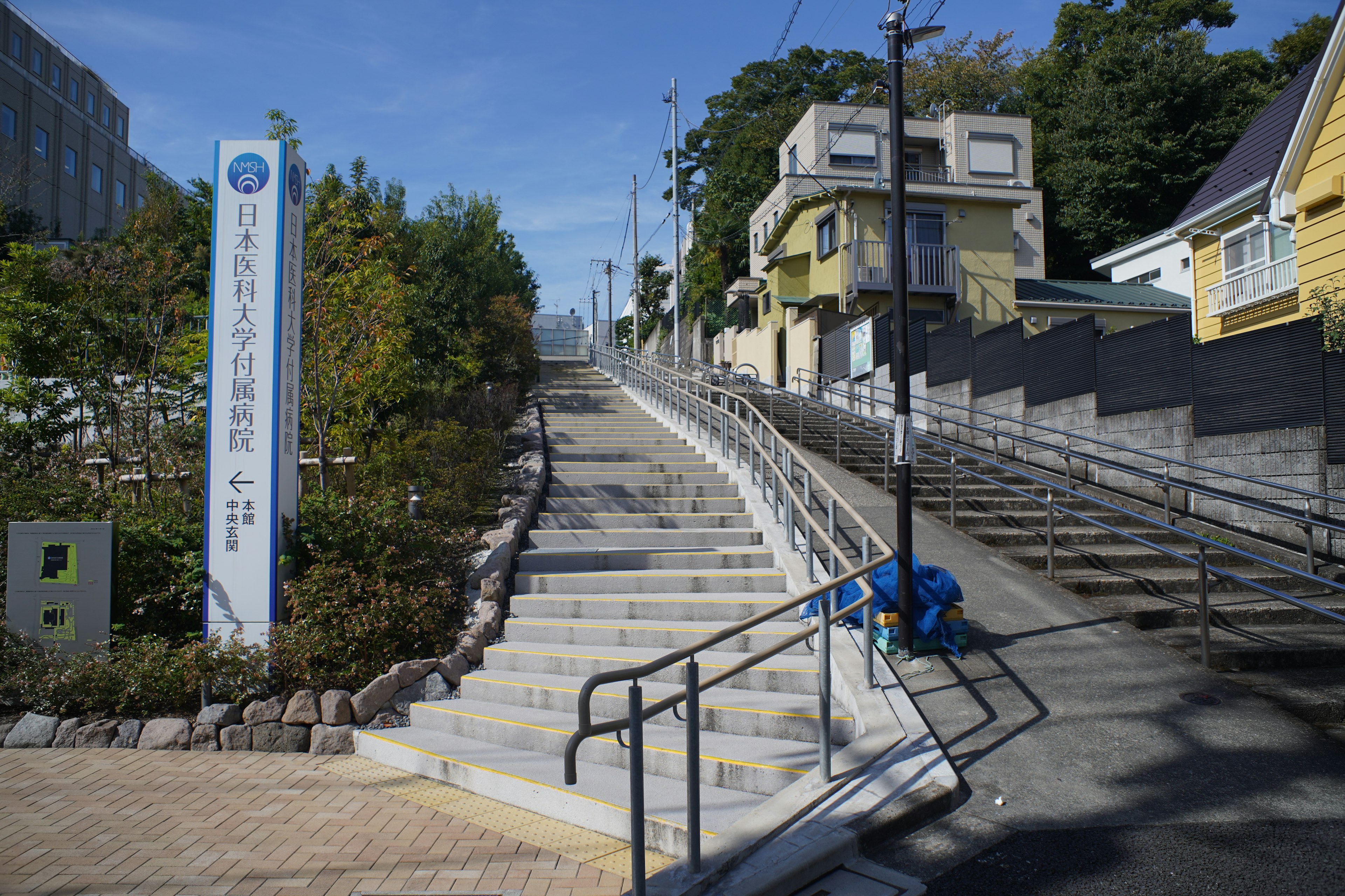 Malersicher Weg mit Treppen und Geländern entlang von Grünflächen