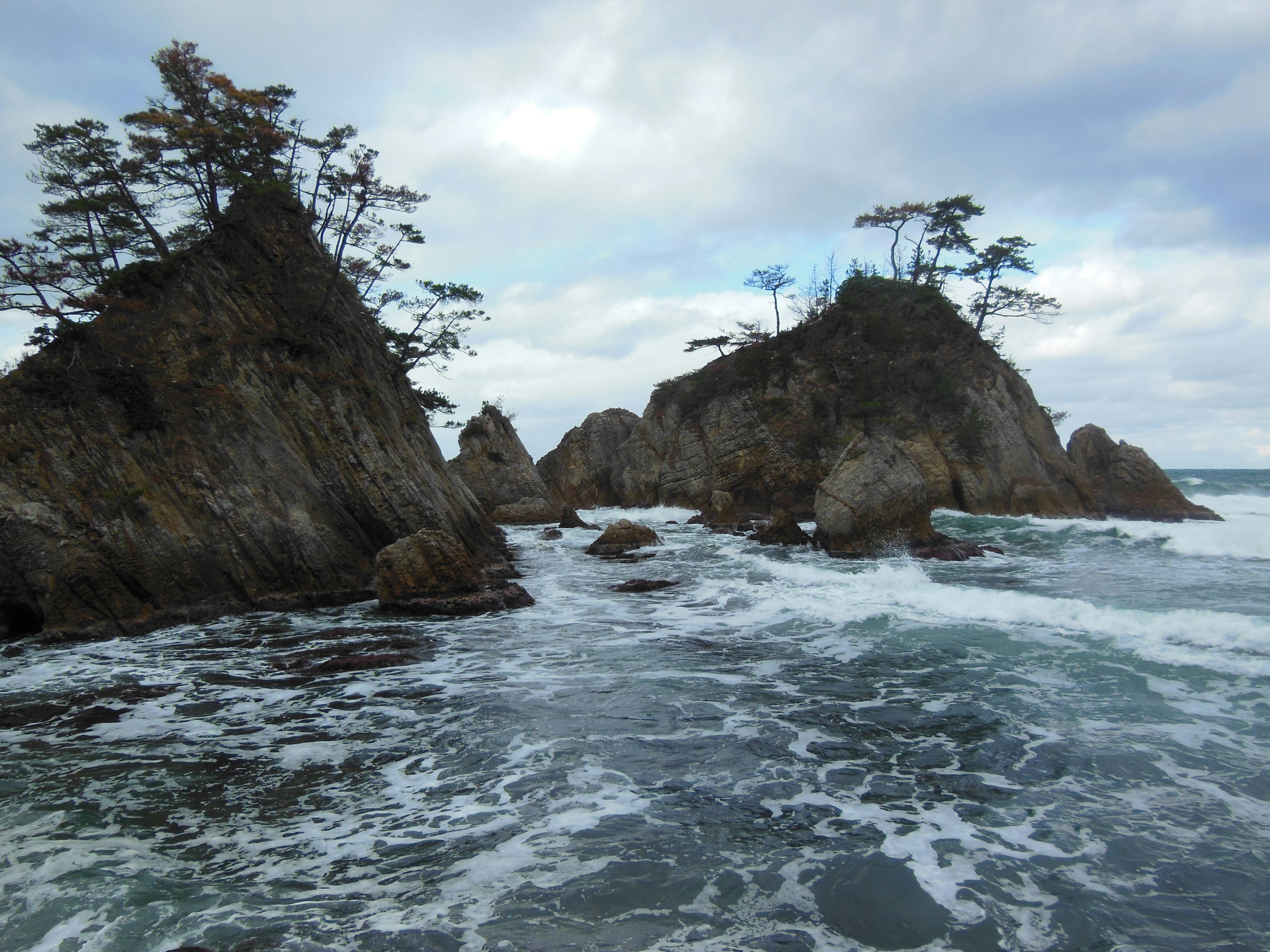 Coastal landscape with rocky formations and trees waves crashing against rocks