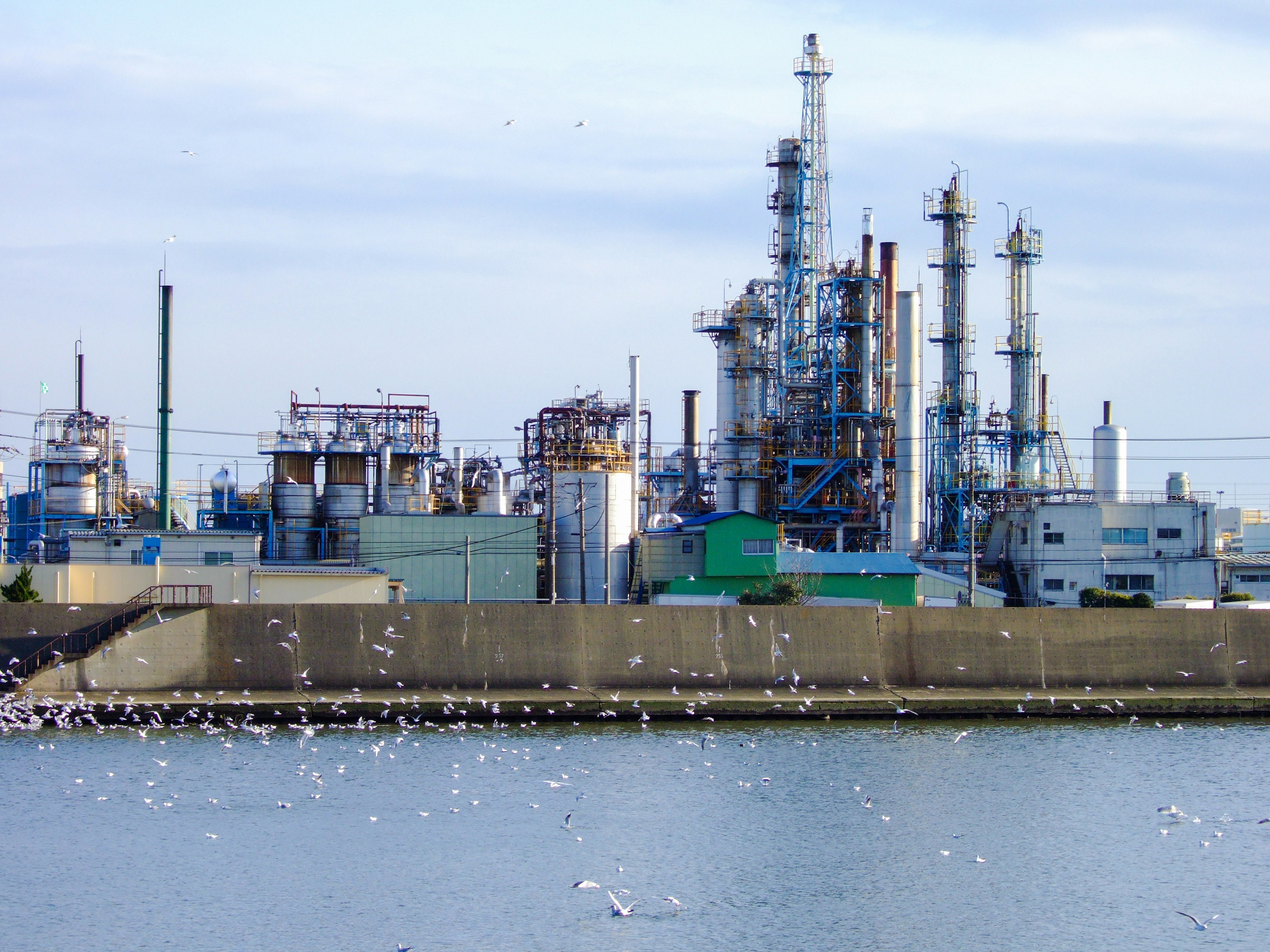 Industrial complex with large structures and white birds on the water surface