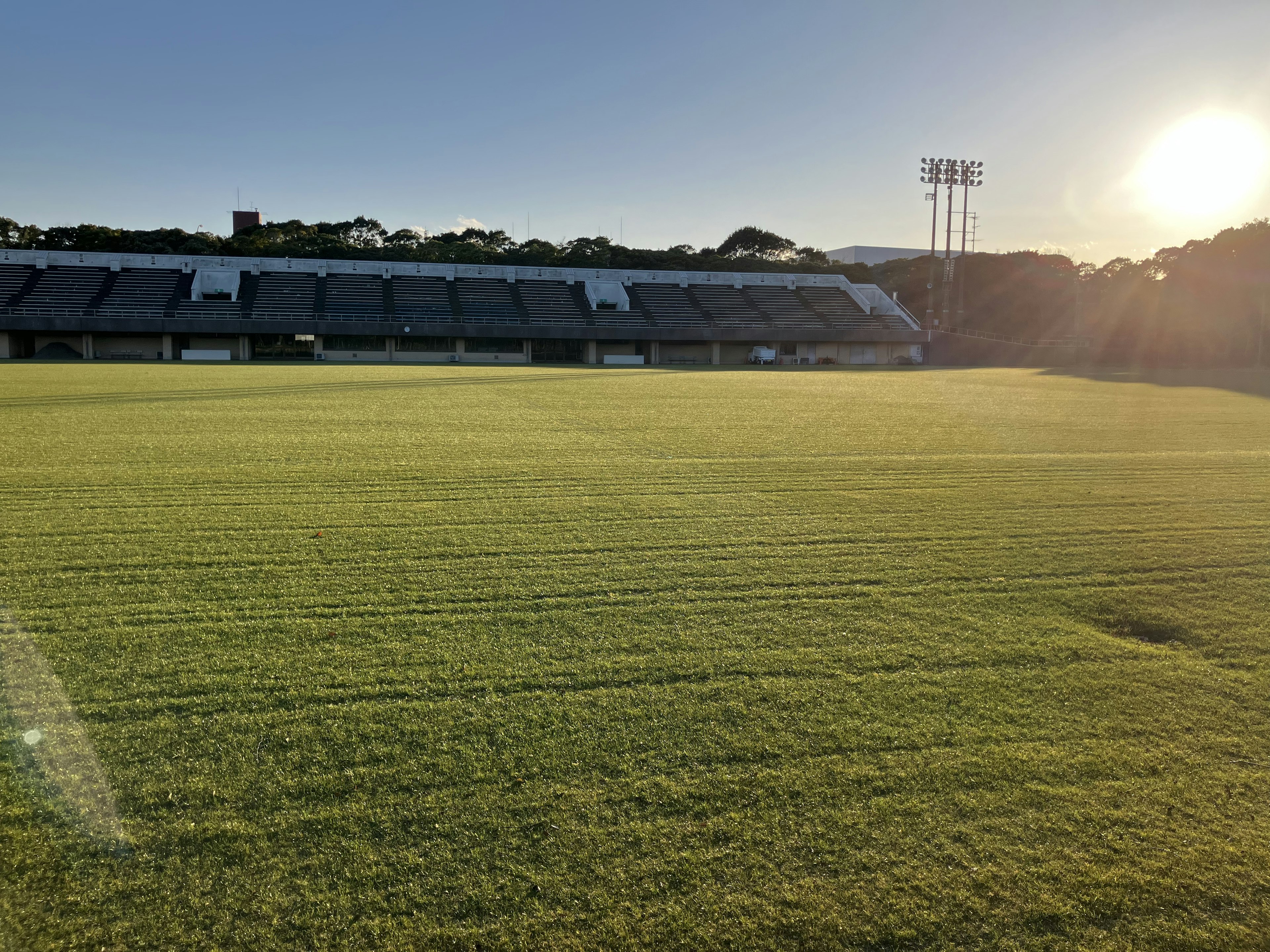 Well-manicured grass soccer field under bright sunlight with bleachers