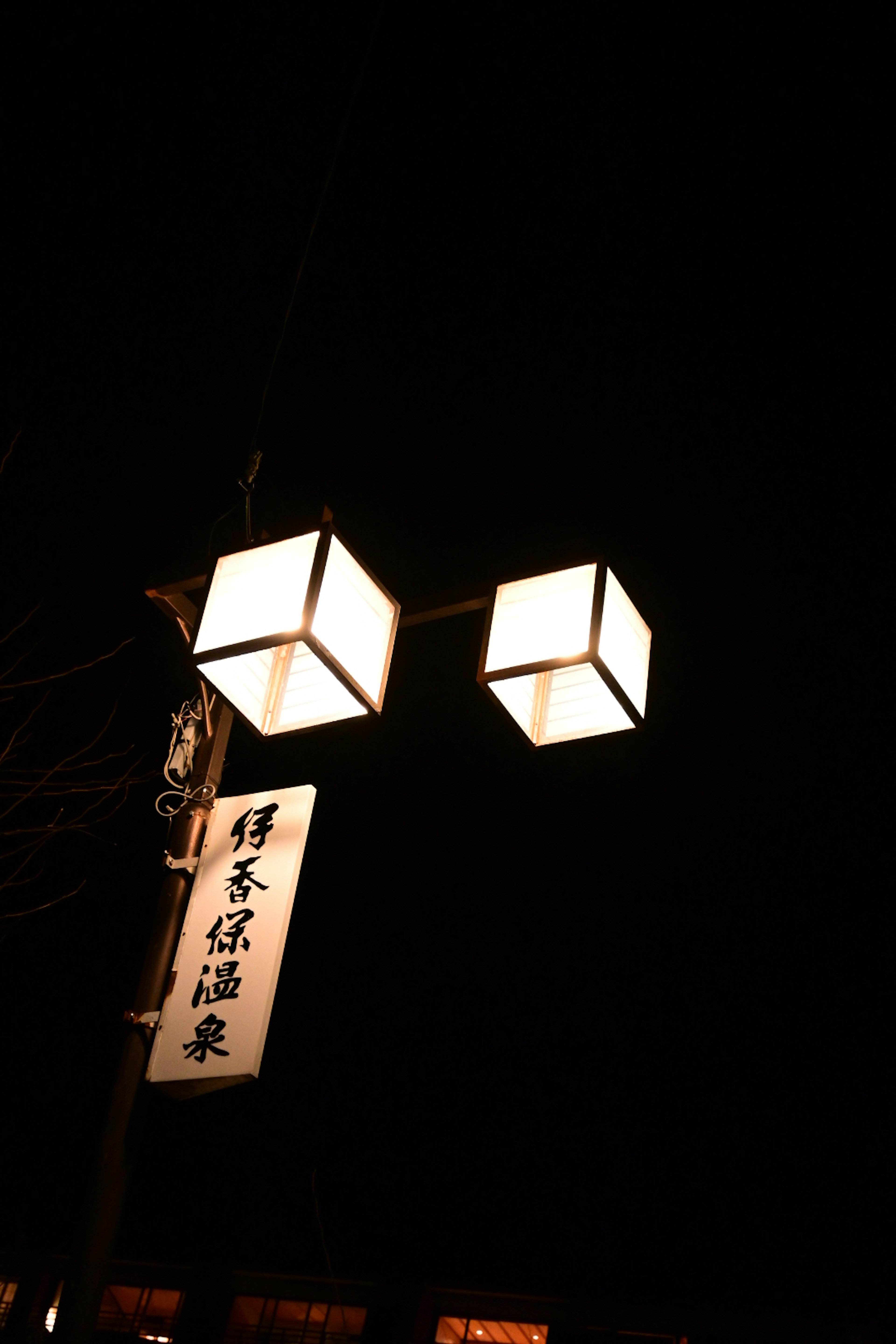 夜の街灯と日本語の看板が映る風景