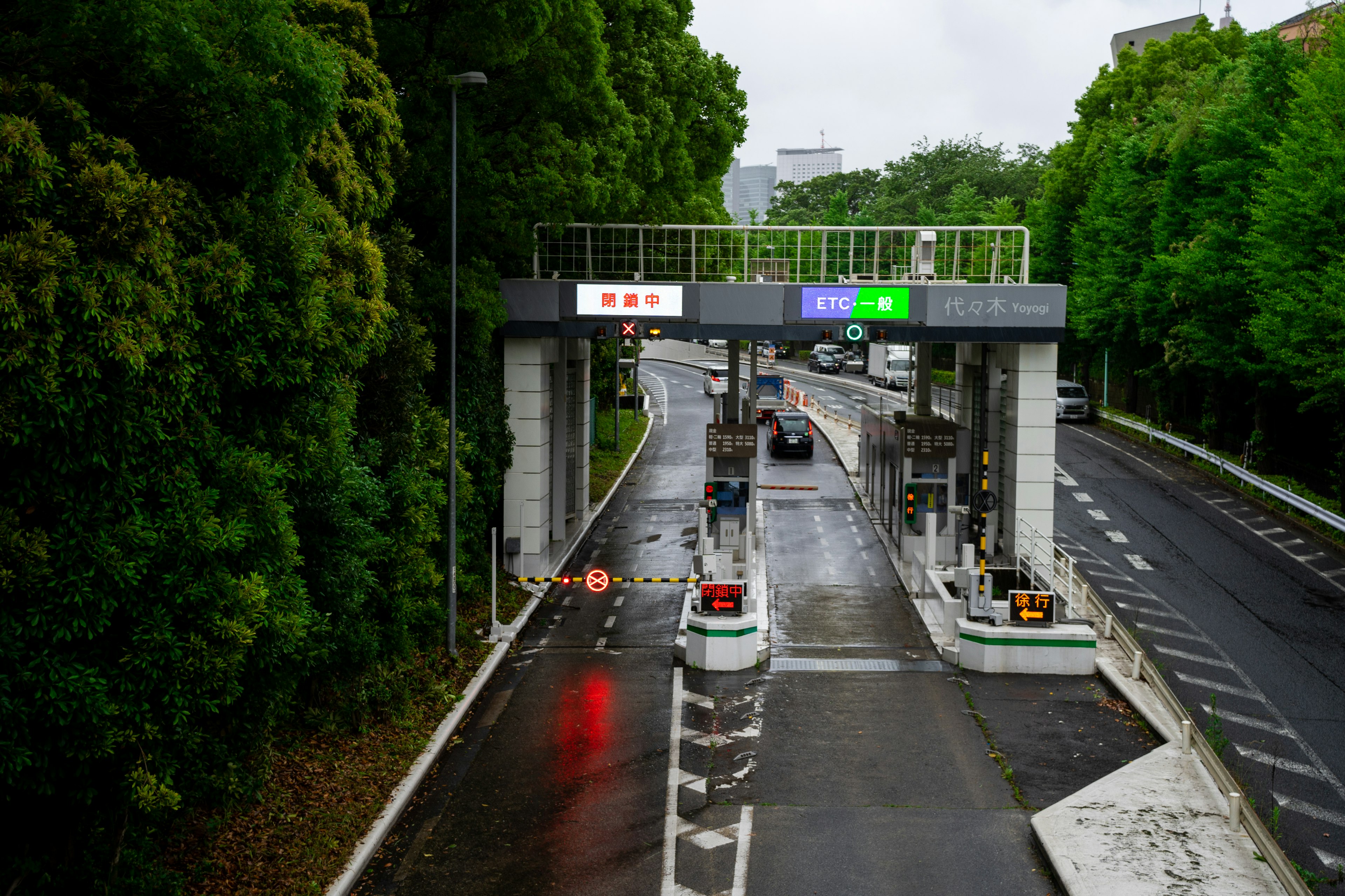 被绿色树木环绕的收费站场景 湿滑的道路上可见交通信号灯