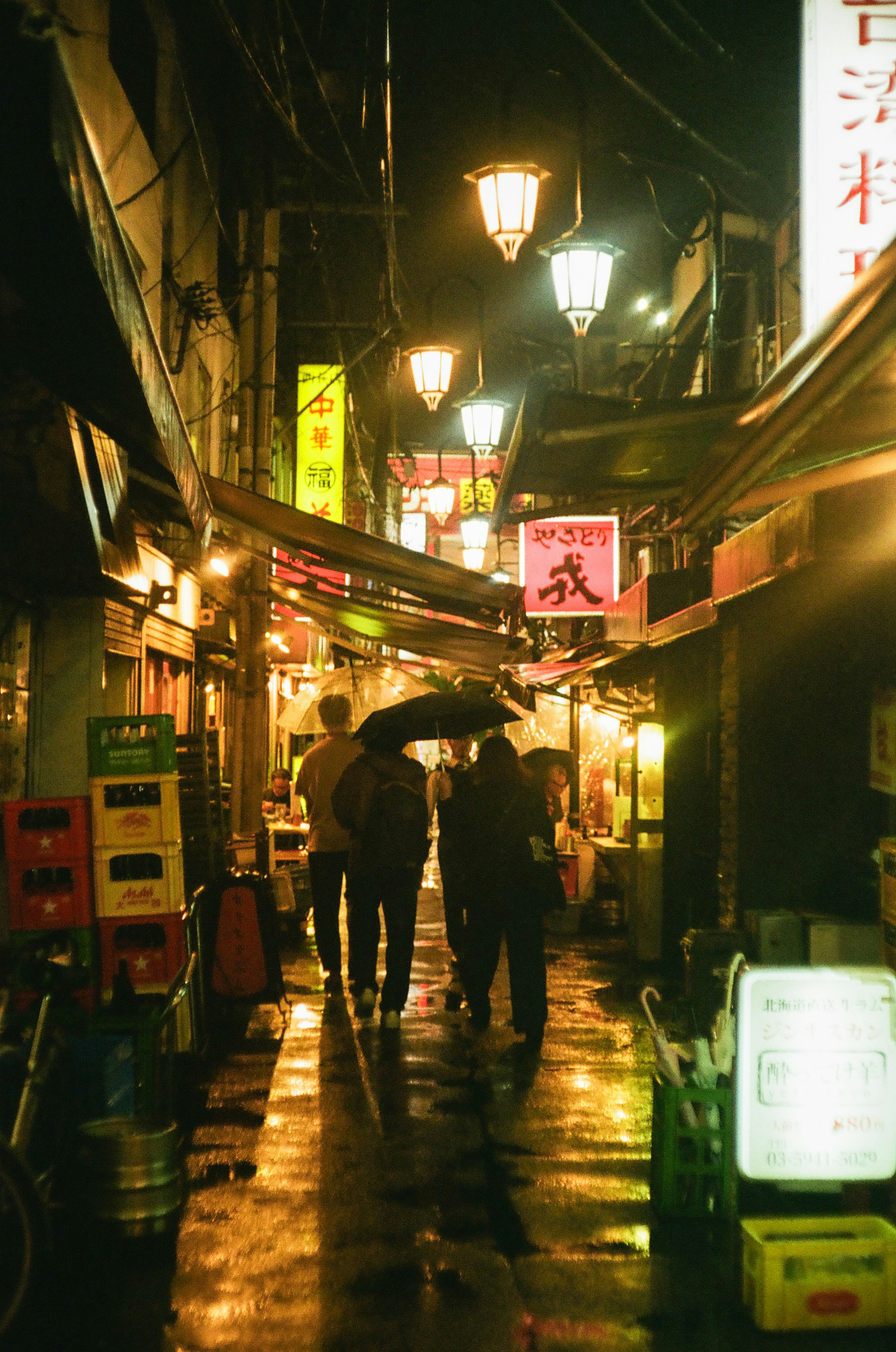 夜の街並みを歩く人々と明るい看板