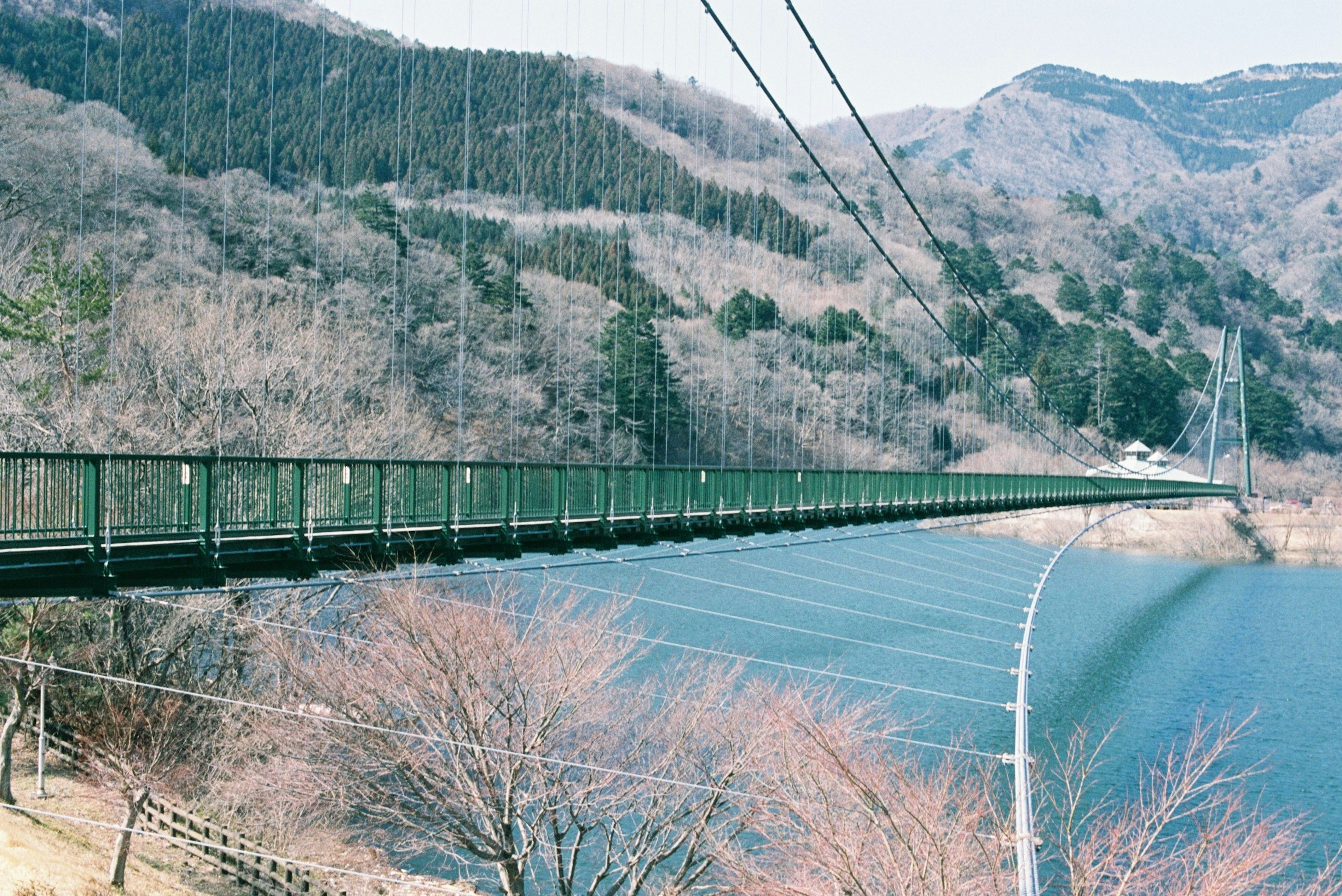 緑色の吊り橋が山と湖を横断する風景