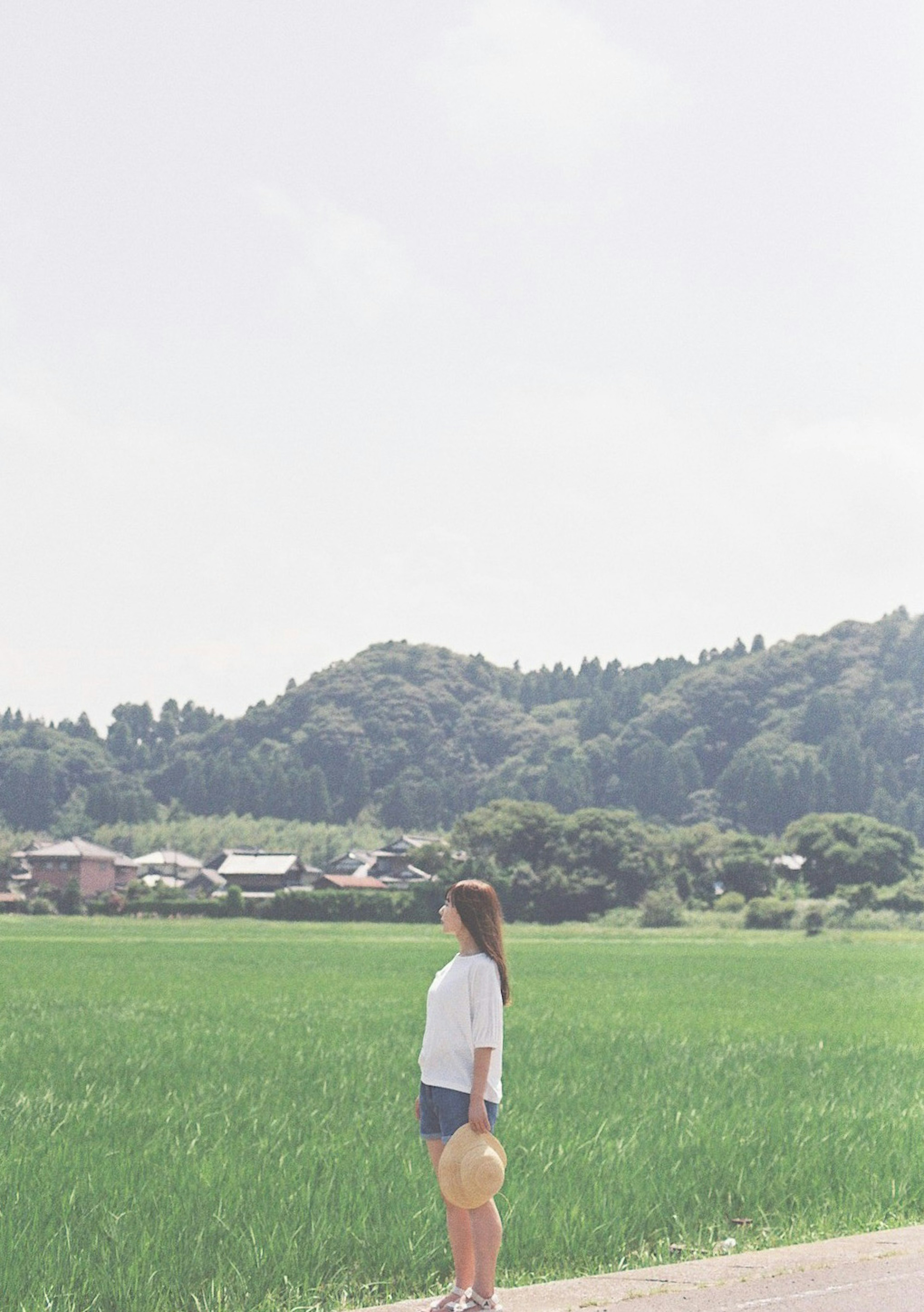 緑の田んぼの前に立つ女性と山の風景