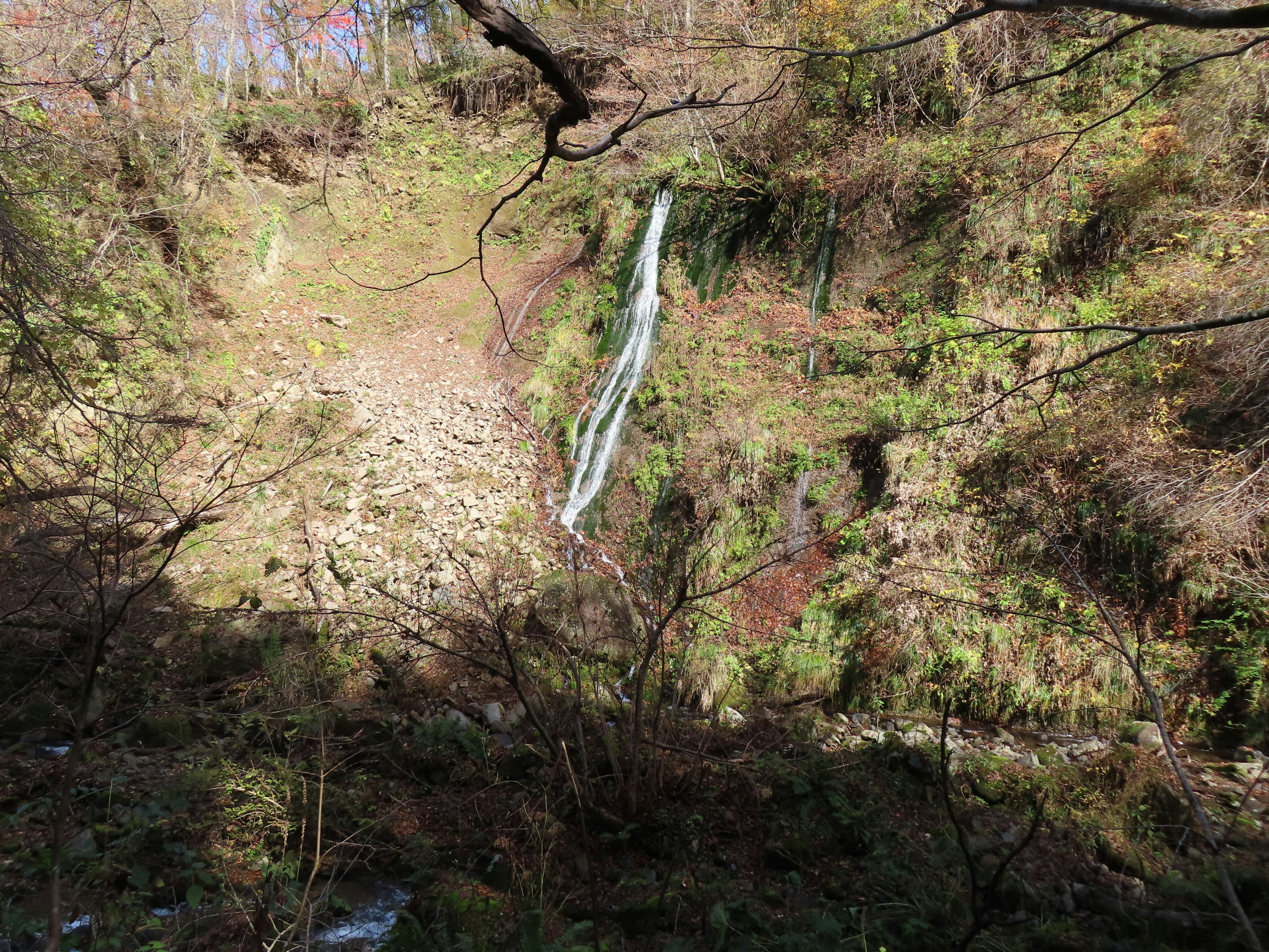 Ein kleiner Wasserfall, der durch ein üppiges Tal fließt, umgeben von Grün