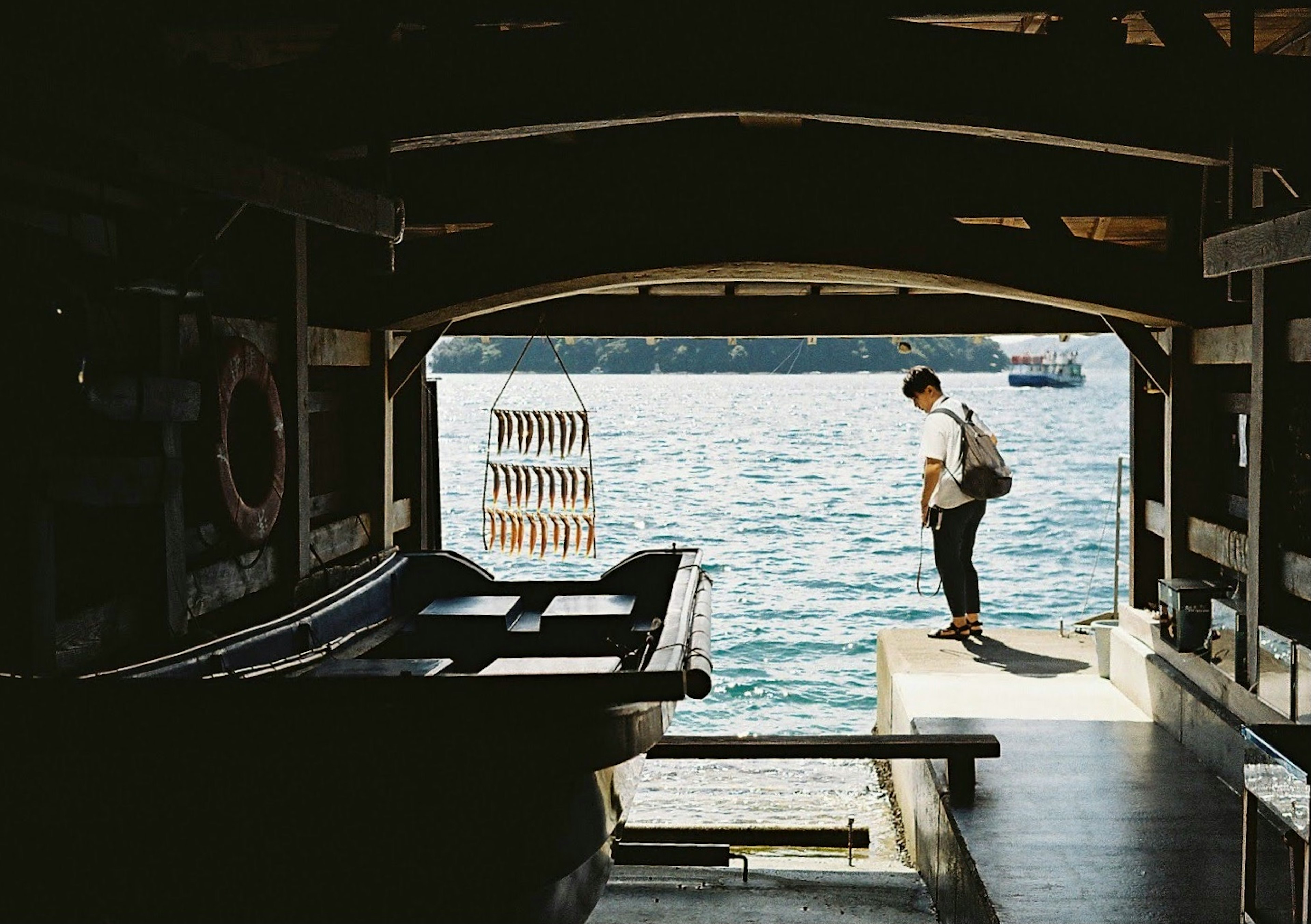 Una persona de pie junto al agua contemplando con un muelle y botes al fondo