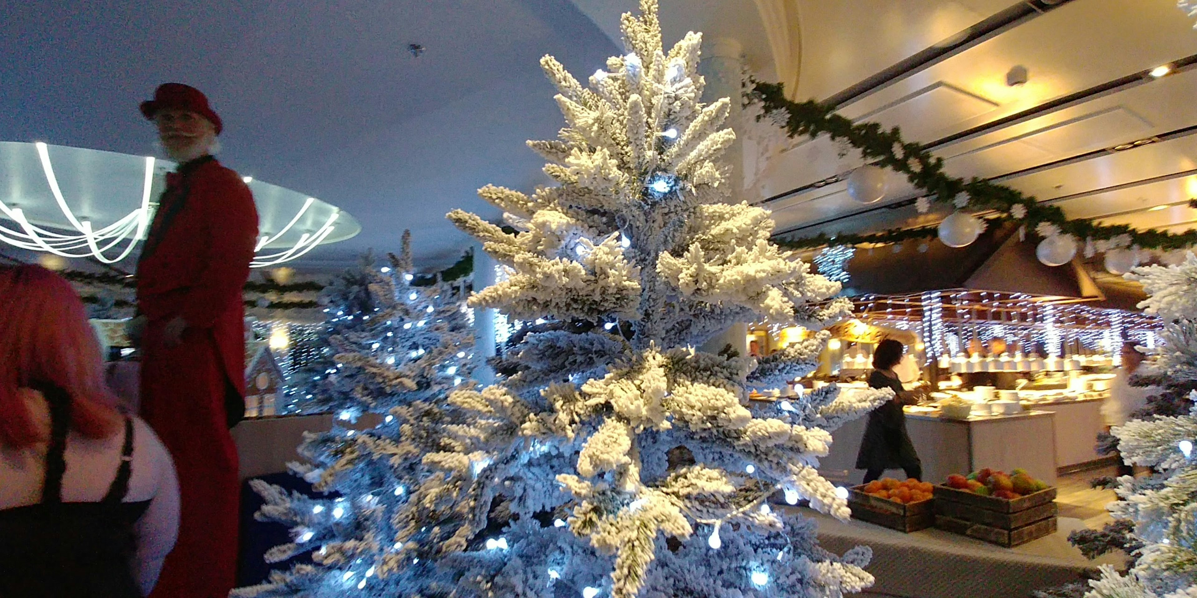 Decorated white Christmas trees with blue lights in a festive holiday setting