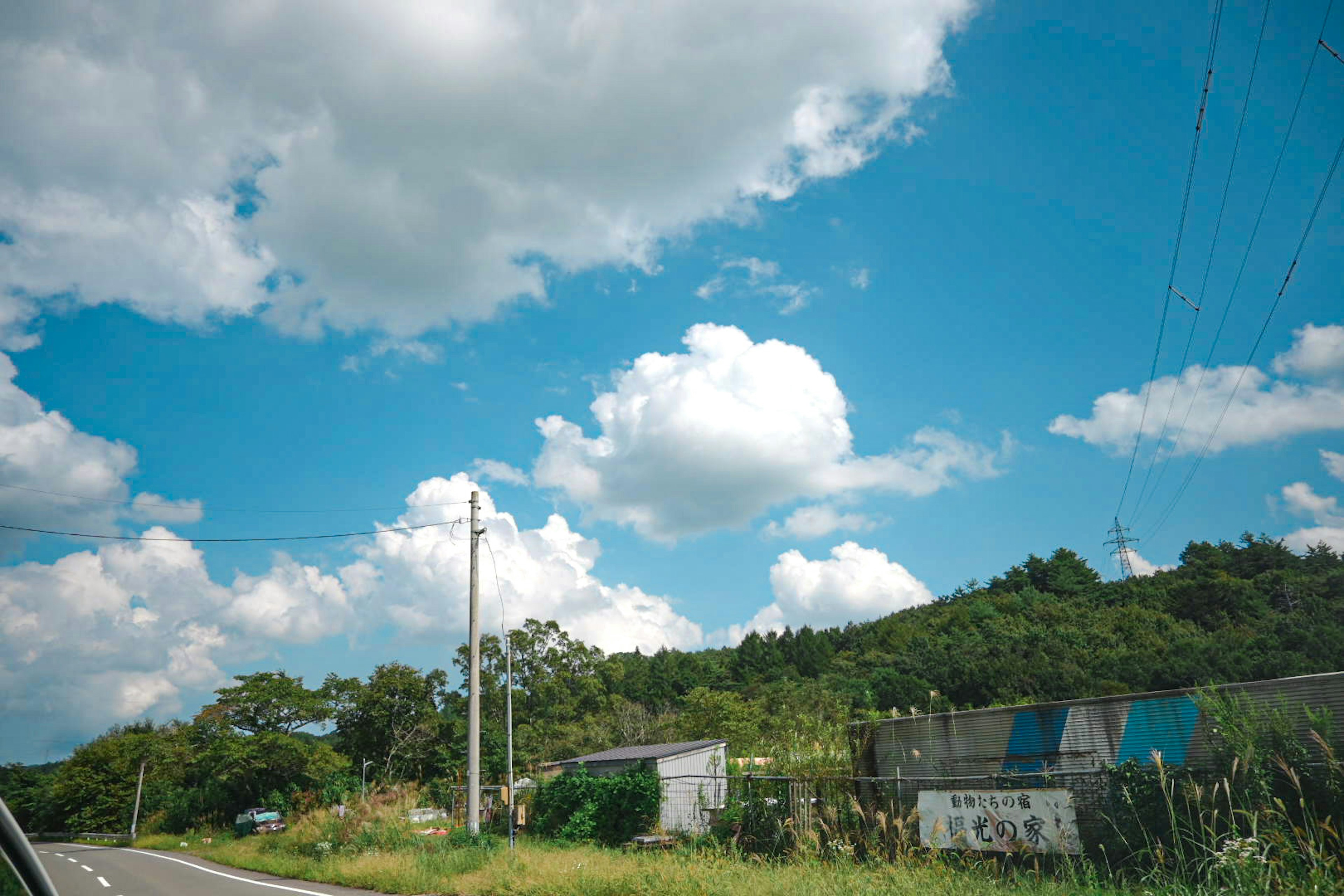 公路景观，蓝天和蓬松的白云在绿色山丘上方