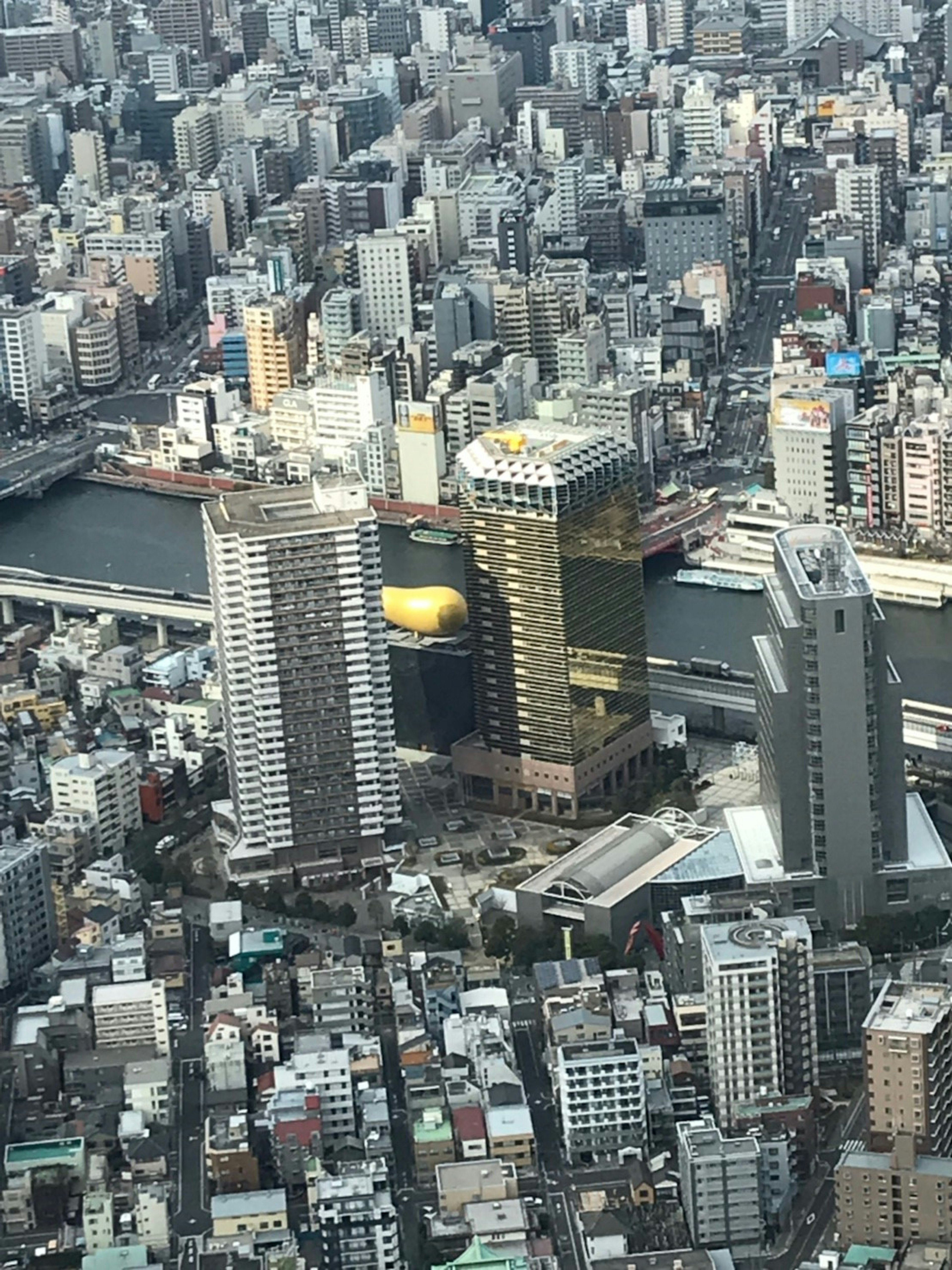 Pemandangan udara Tokyo menampilkan gedung pencakar langit unik dan Sungai Sumida