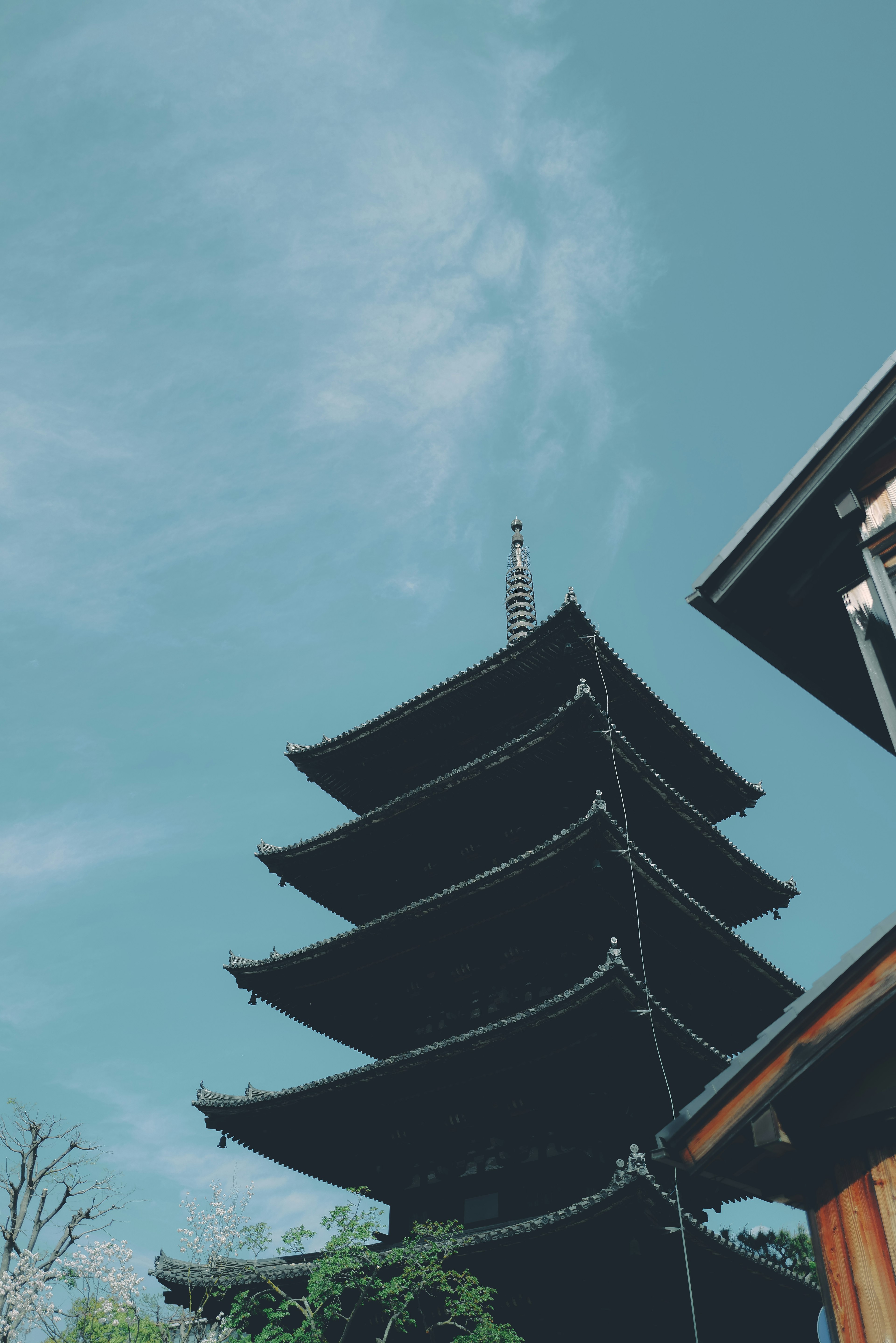 Beautiful architecture of a pagoda towering under the blue sky