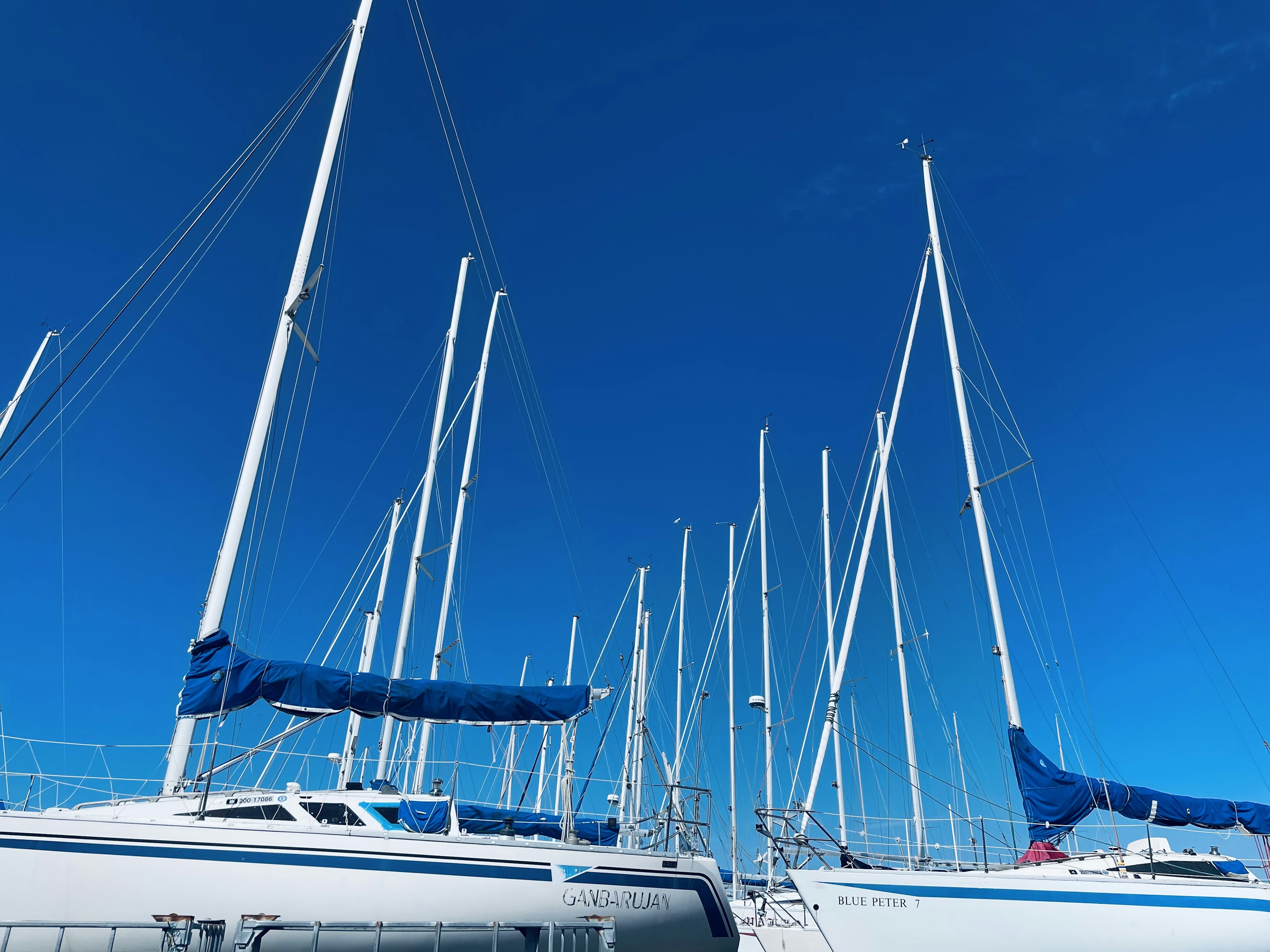 Multiple sailboat masts and sails against a bright blue sky