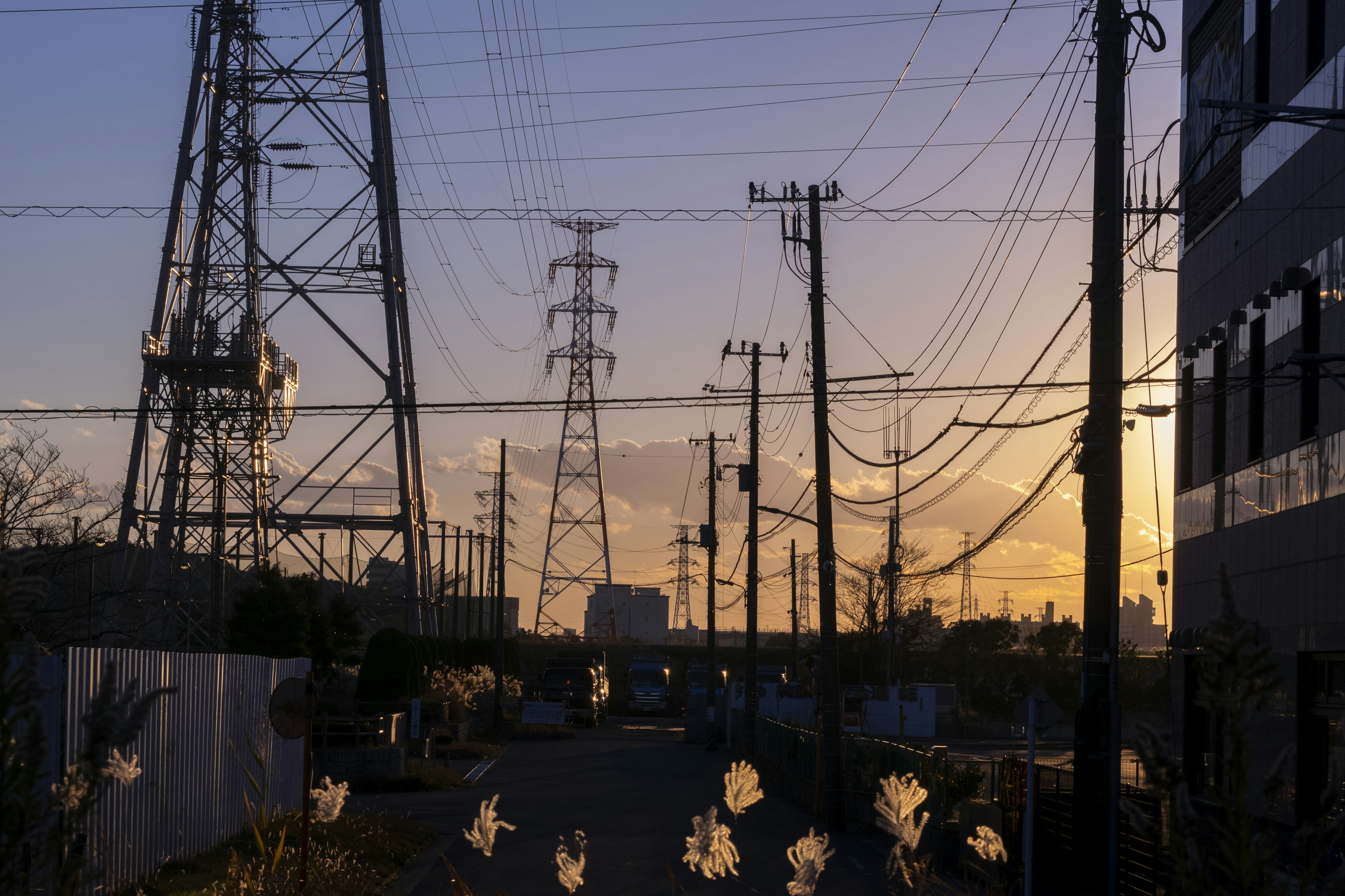 Paysage avec des lignes électriques et des poteaux au coucher du soleil