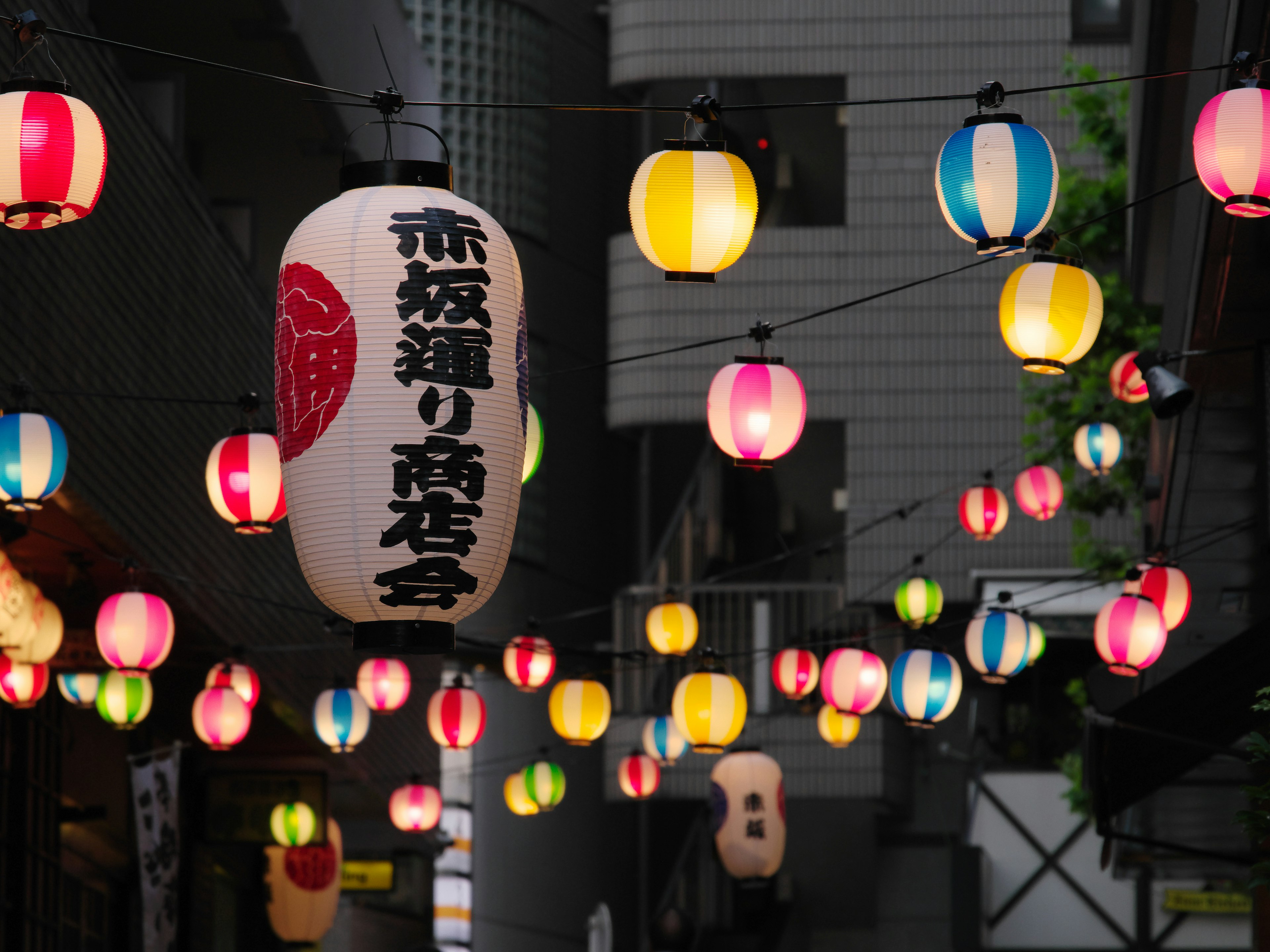 Vue nocturne de la rue Akasaka ornée de lanternes colorées