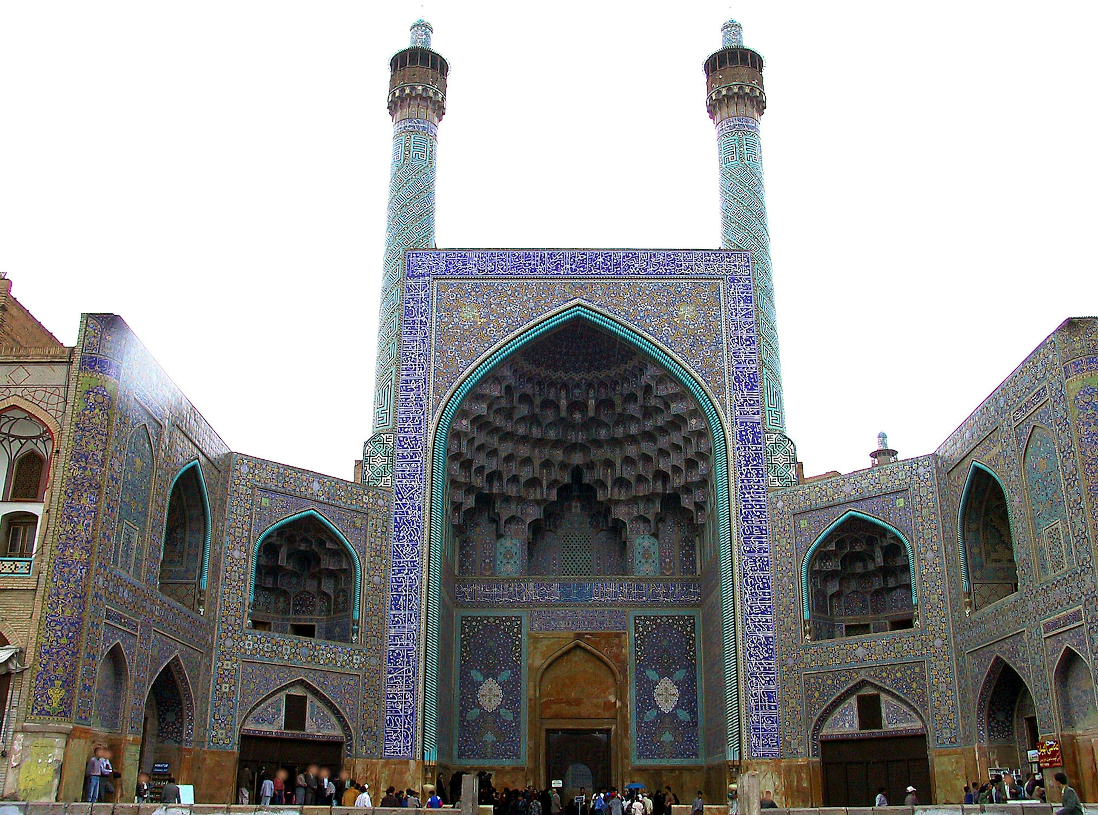 Facade of Sheikh Lotfallah Mosque with intricate tile work and two minarets in Isfahan Iran