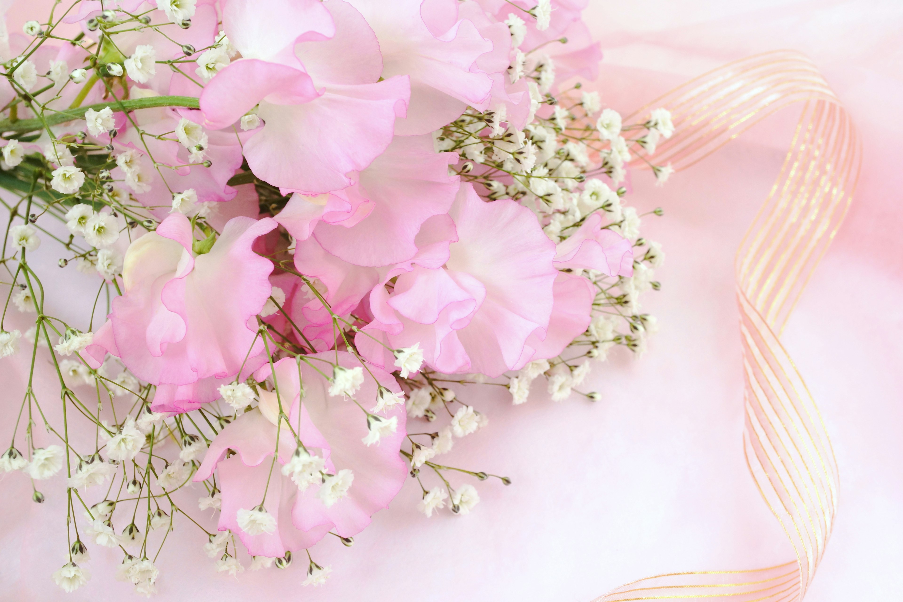 Arrangement of light pink flowers and baby’s breath with a ribbon