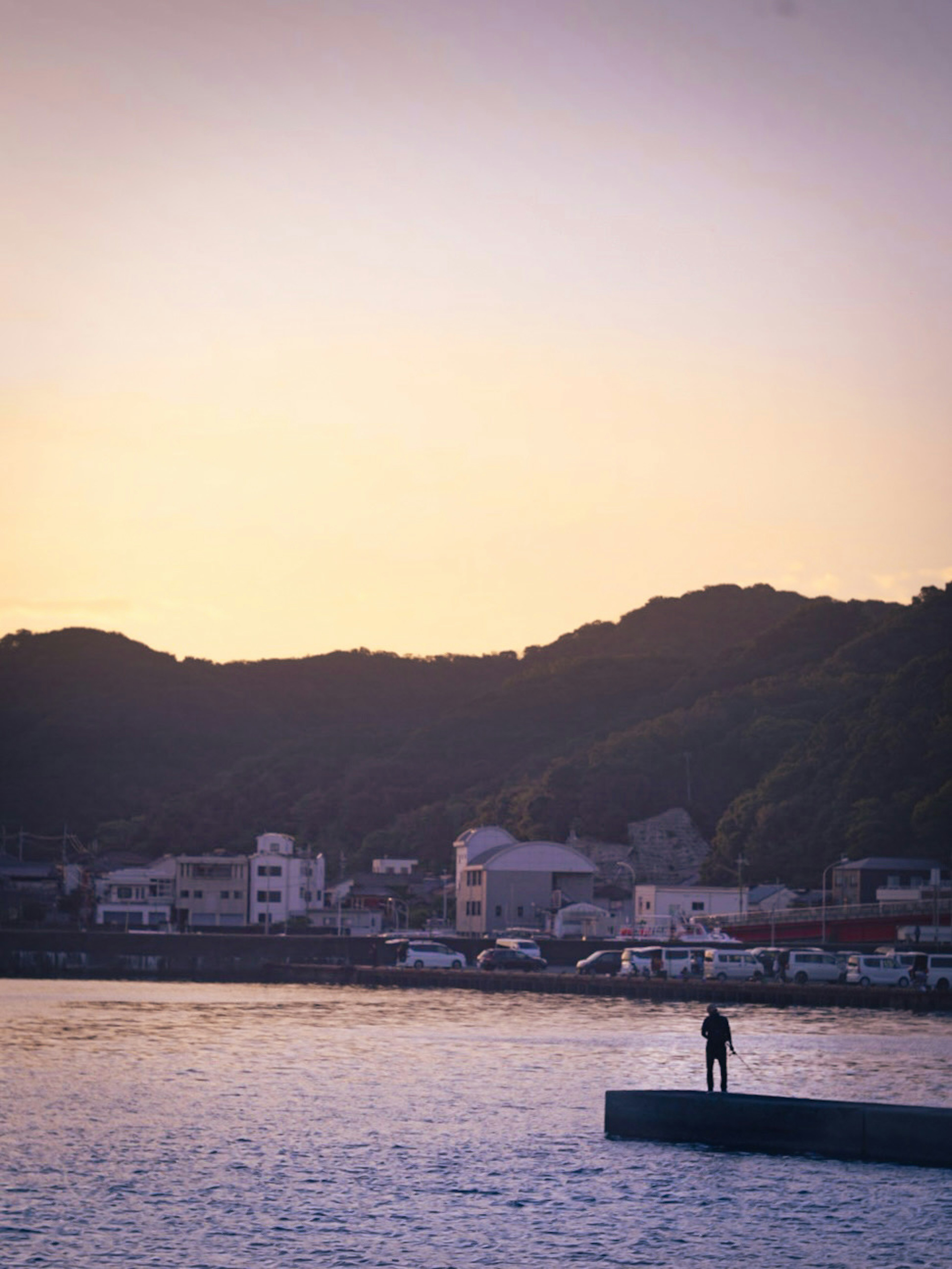 Persona de pie en un muelle al atardecer con un pueblo tranquilo al fondo