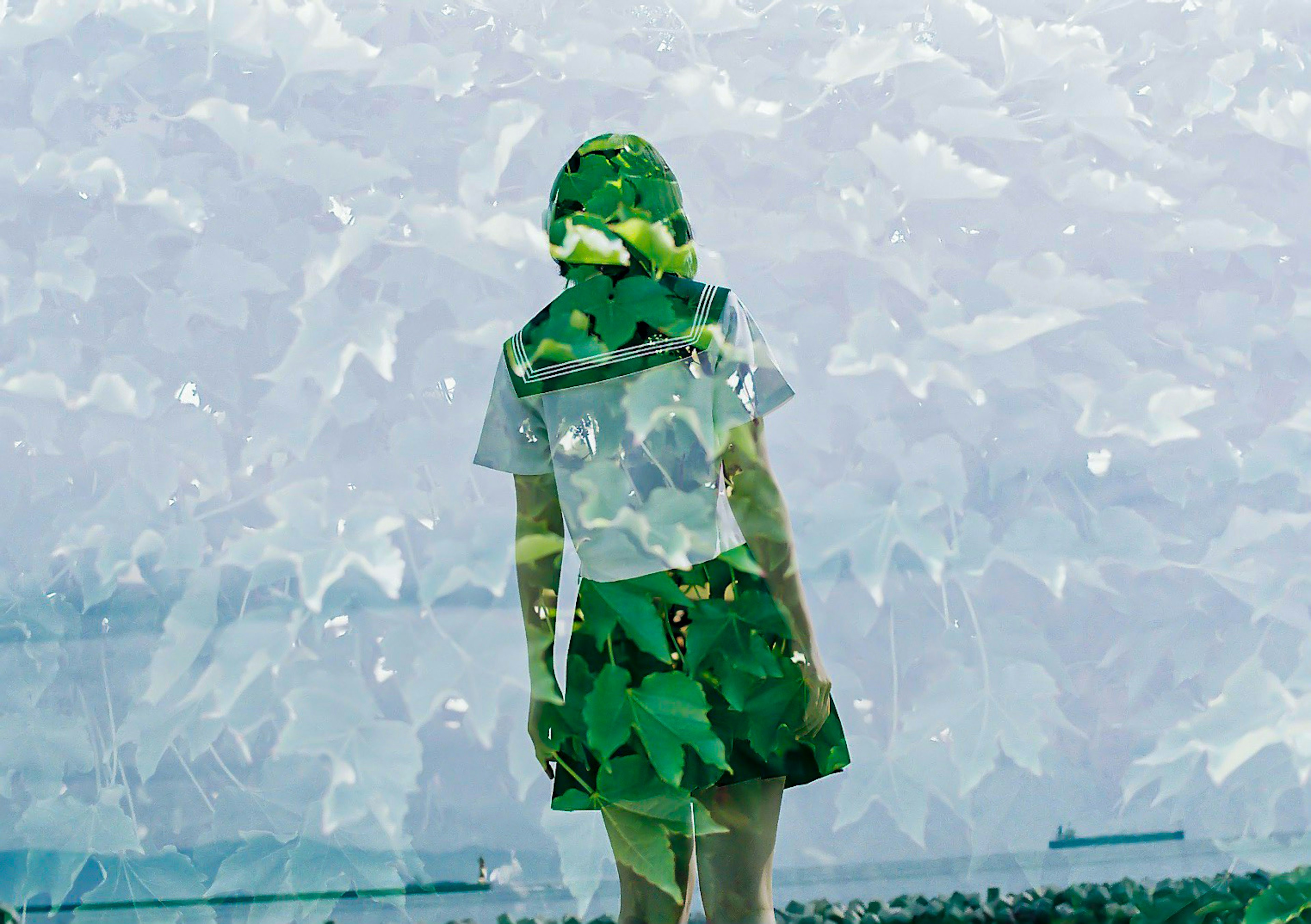 A girl covered in leaves gazing at the ocean in a surreal landscape