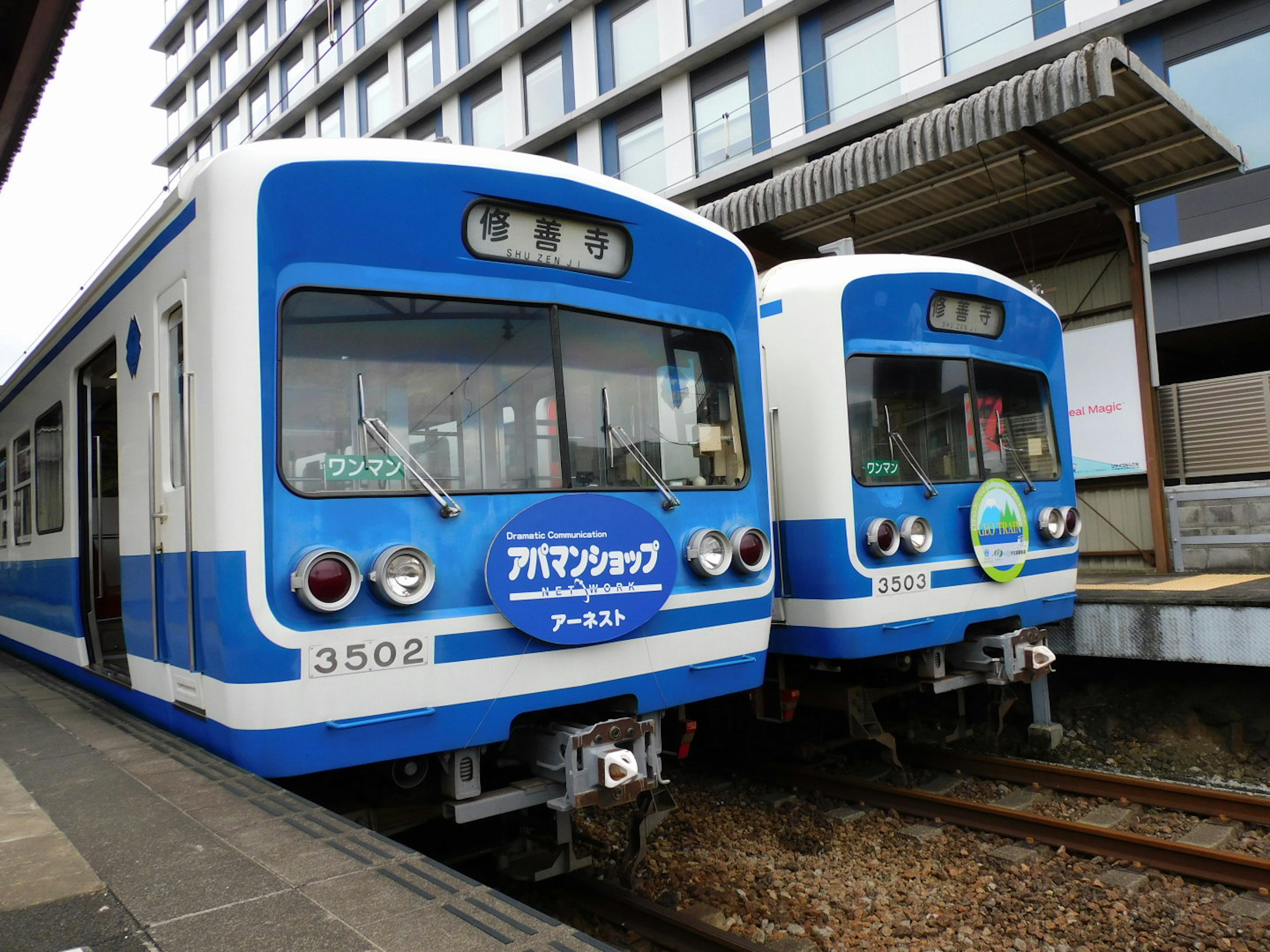 Two blue trains parked at a station