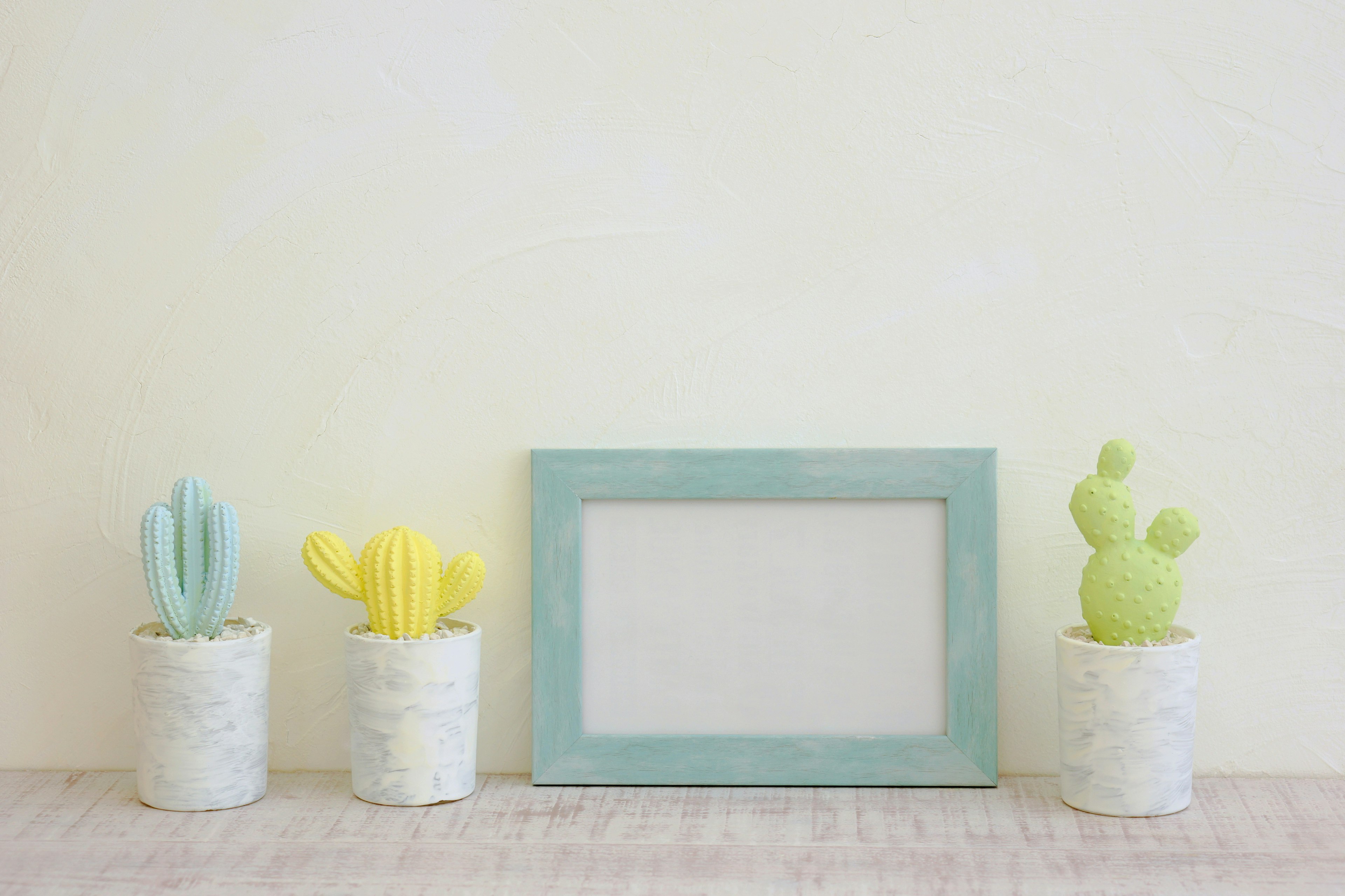 Pots de cactus colorés et un cadre vide disposés sur un mur clair