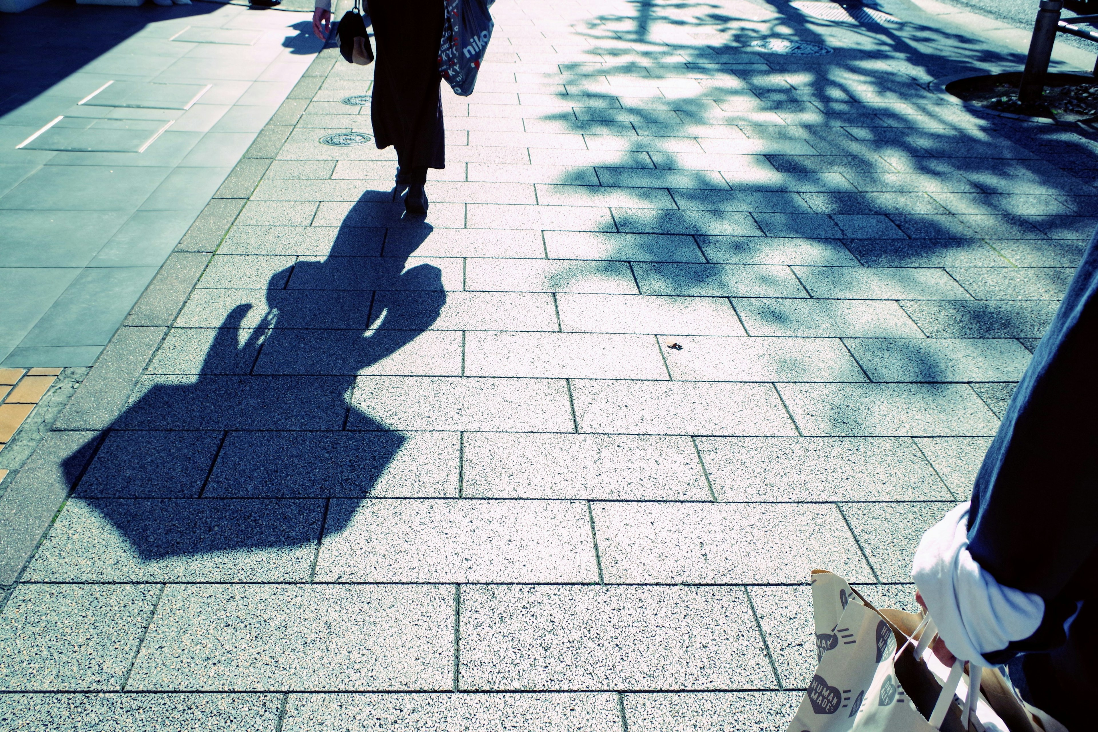 A person walking with an umbrella casting a shadow on the street