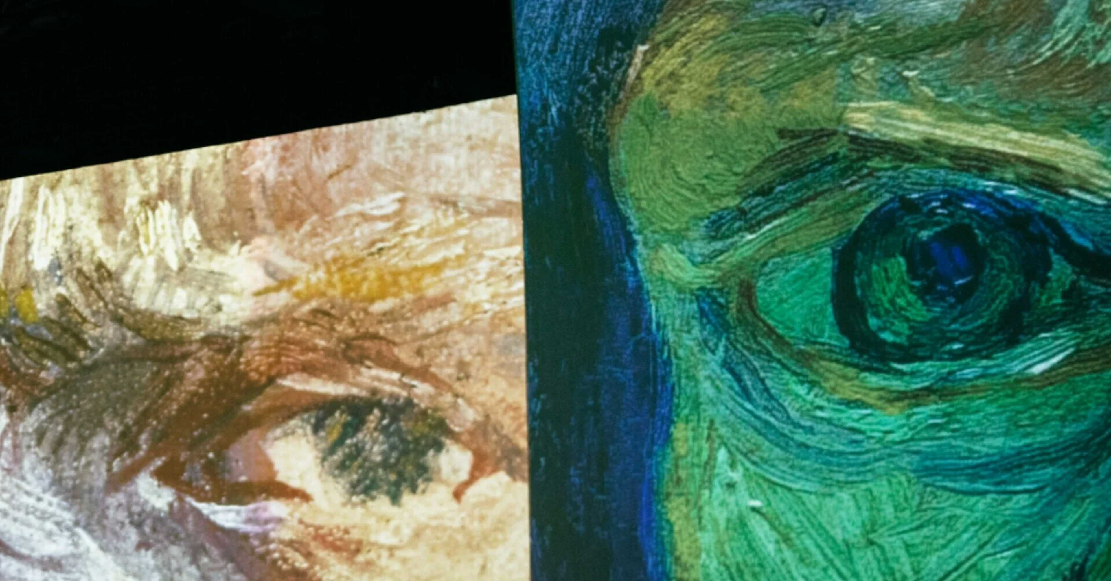 Close-up of Vincent van Gogh's eyes in two colorful paintings contrasting each other