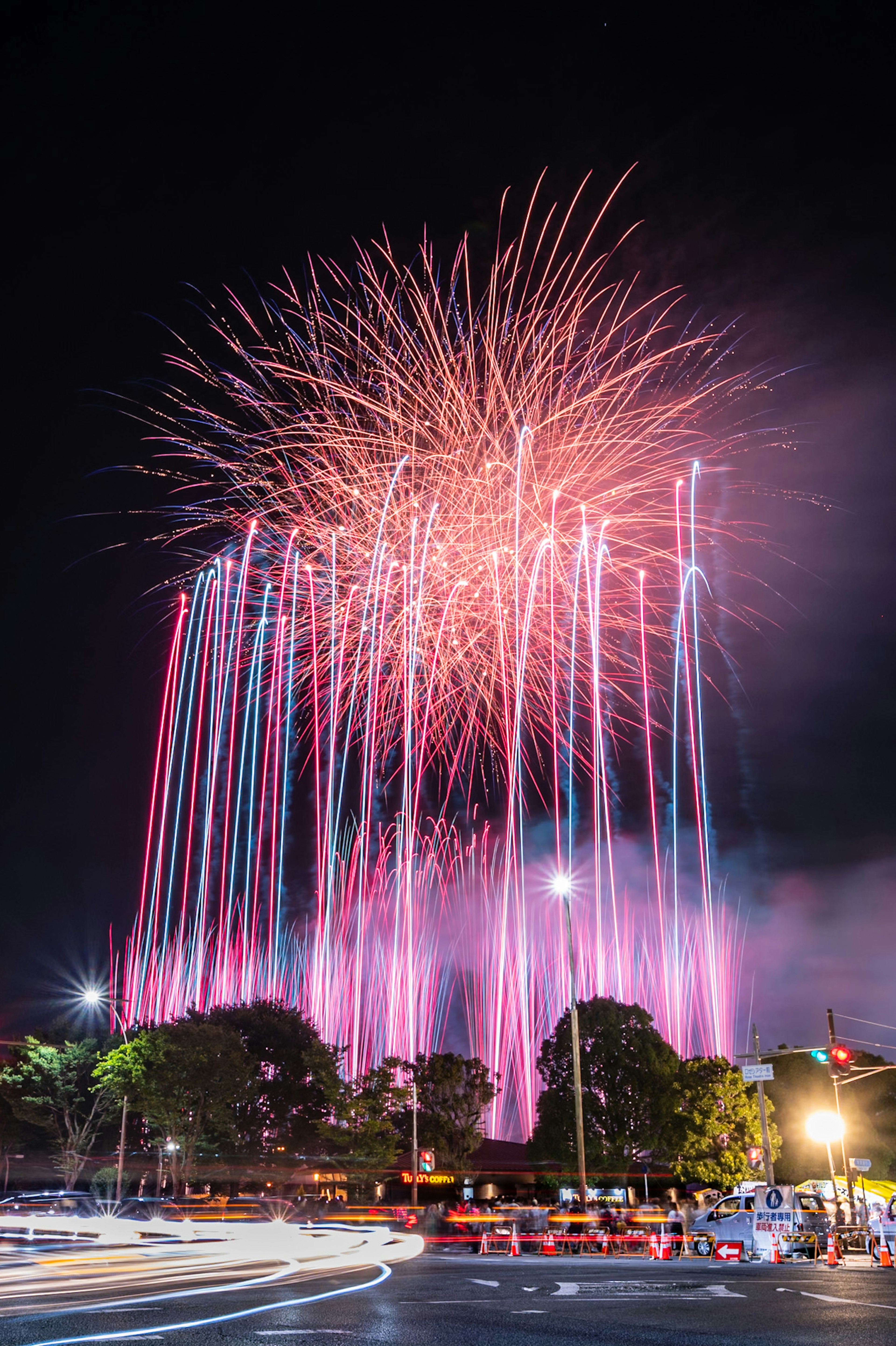 夜空に花火が咲いている色とりどりの光の演出